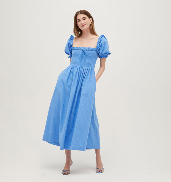 The Scarlett Midi Nap Dress - Hydrangea Blue Textured Clip Dot