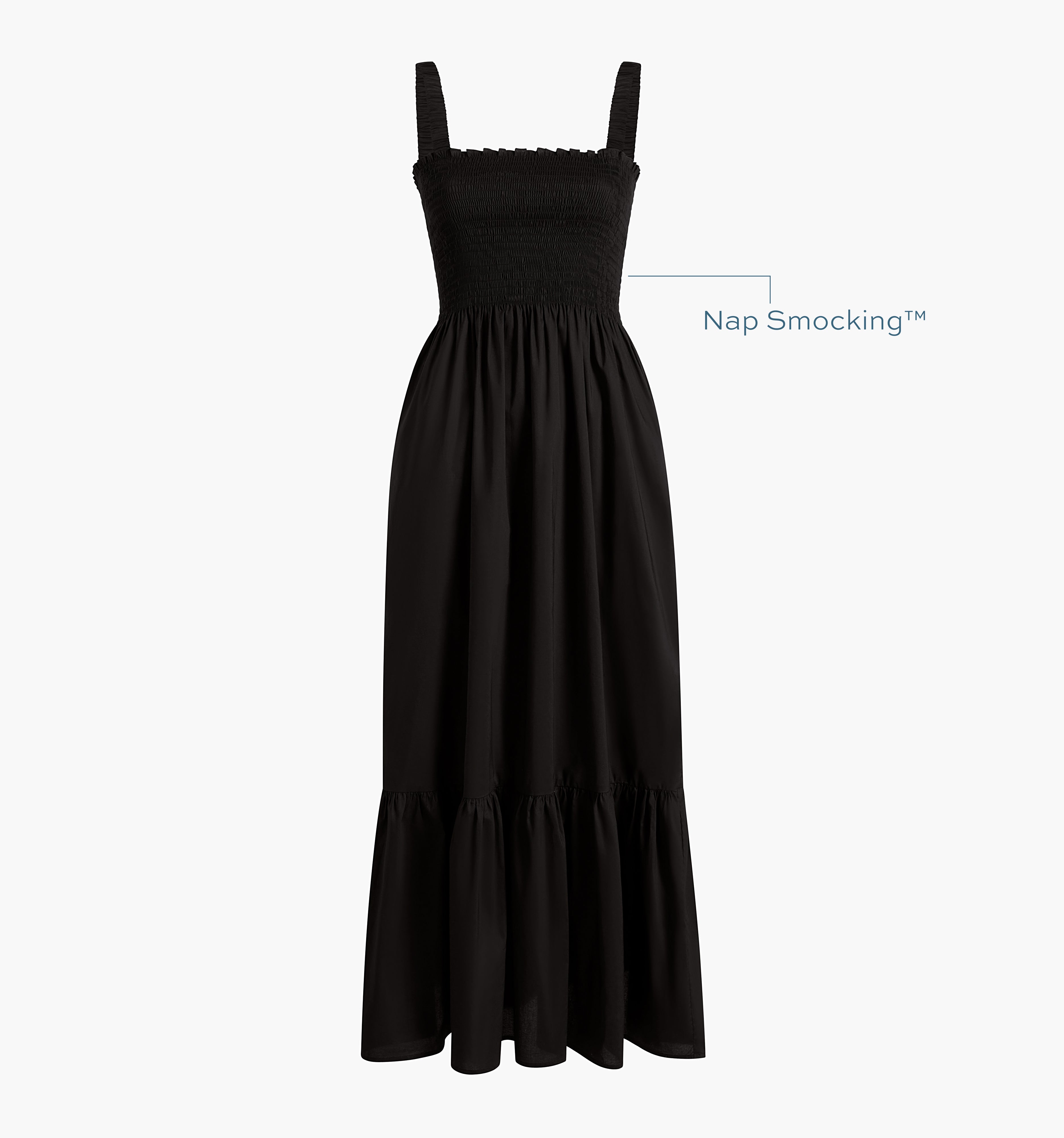 Image of a Nap Dress with text highlighting it's Nap Smocking™ color: Black Cotton