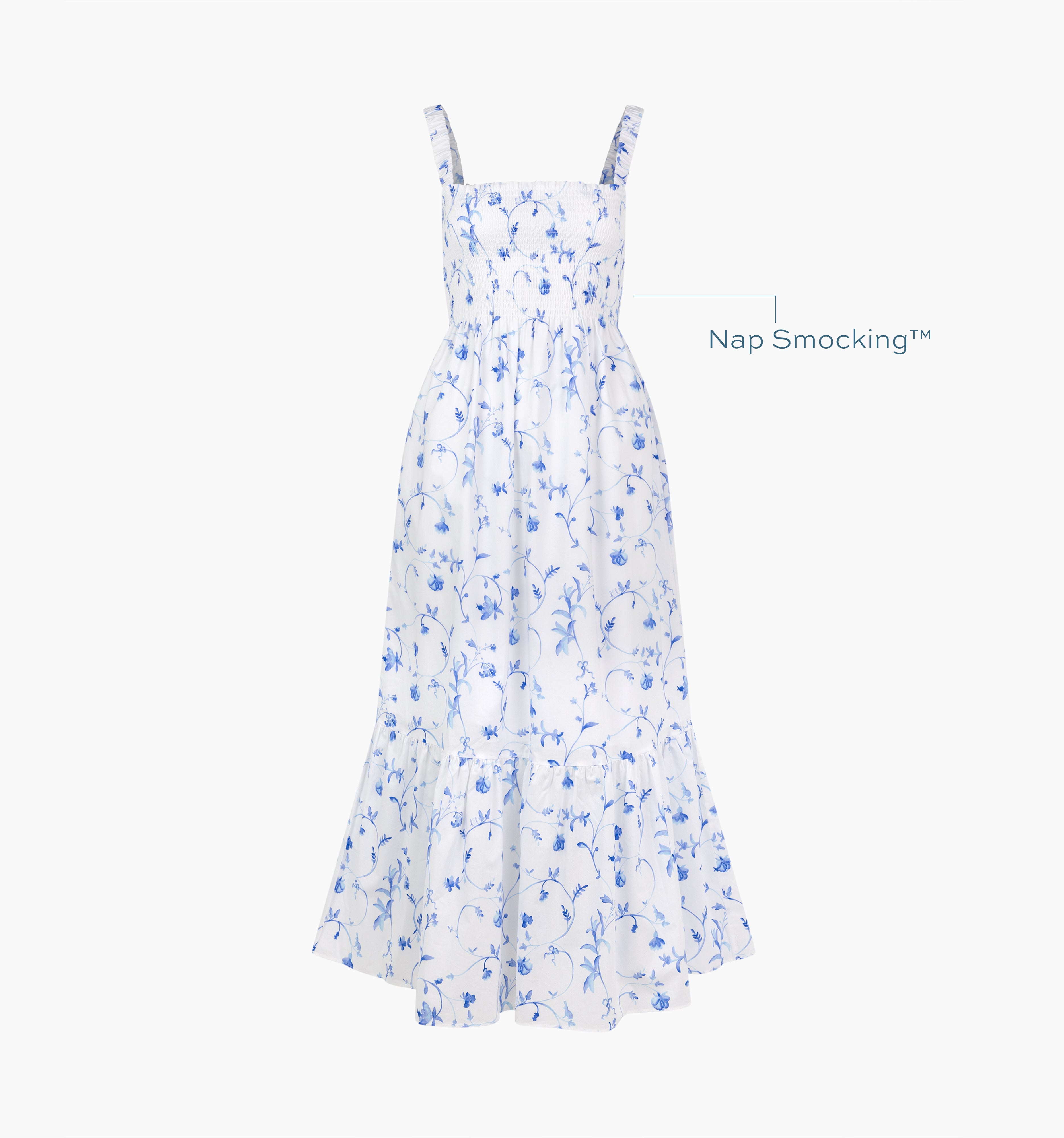 Image of a Nap Dress with text highlighting it's Nap Smocking™ color: Blue Botanical