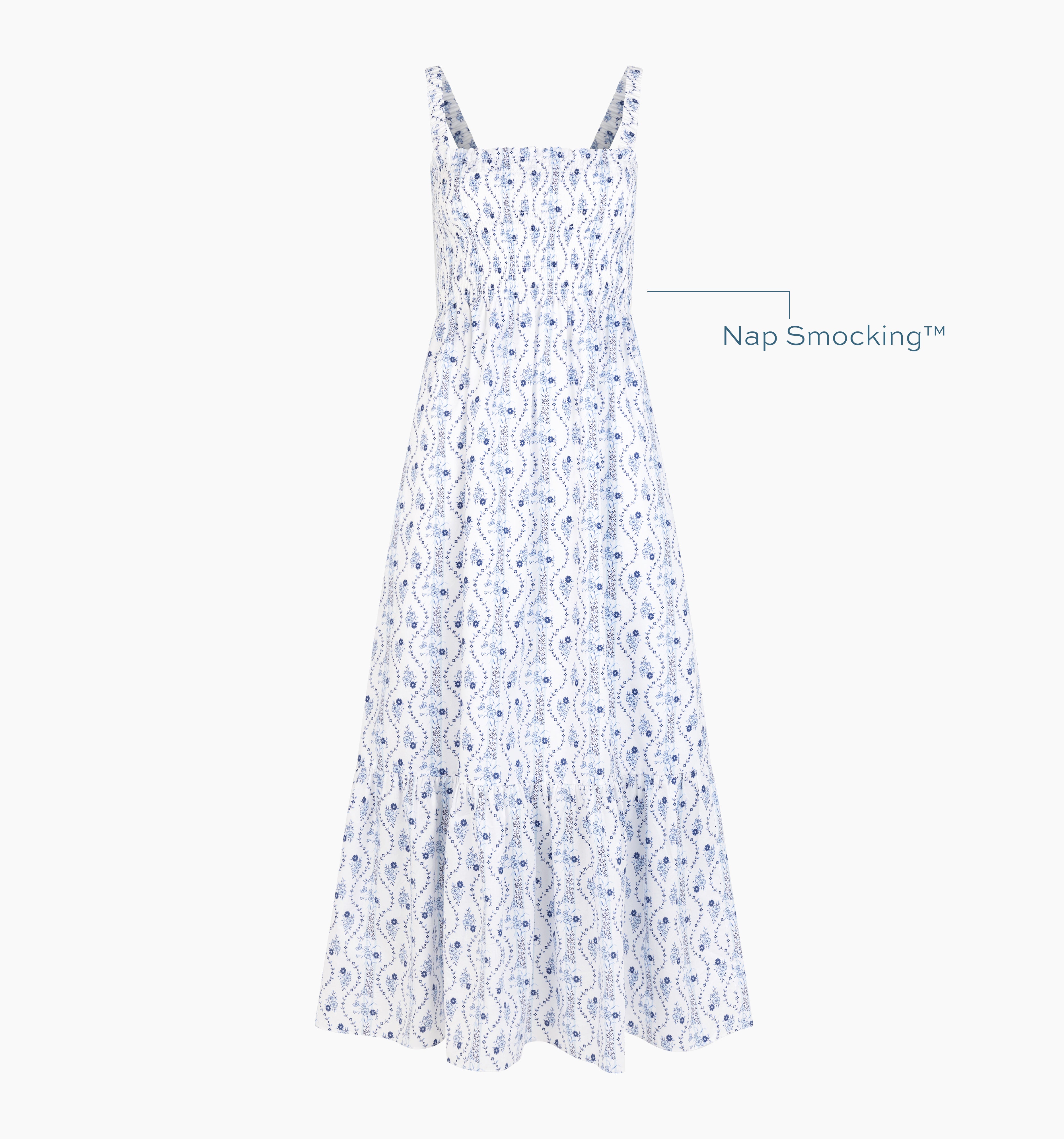 Image of a Nap Dress with text highlighting it's Nap Smocking™ color: Blue Vine Stripe