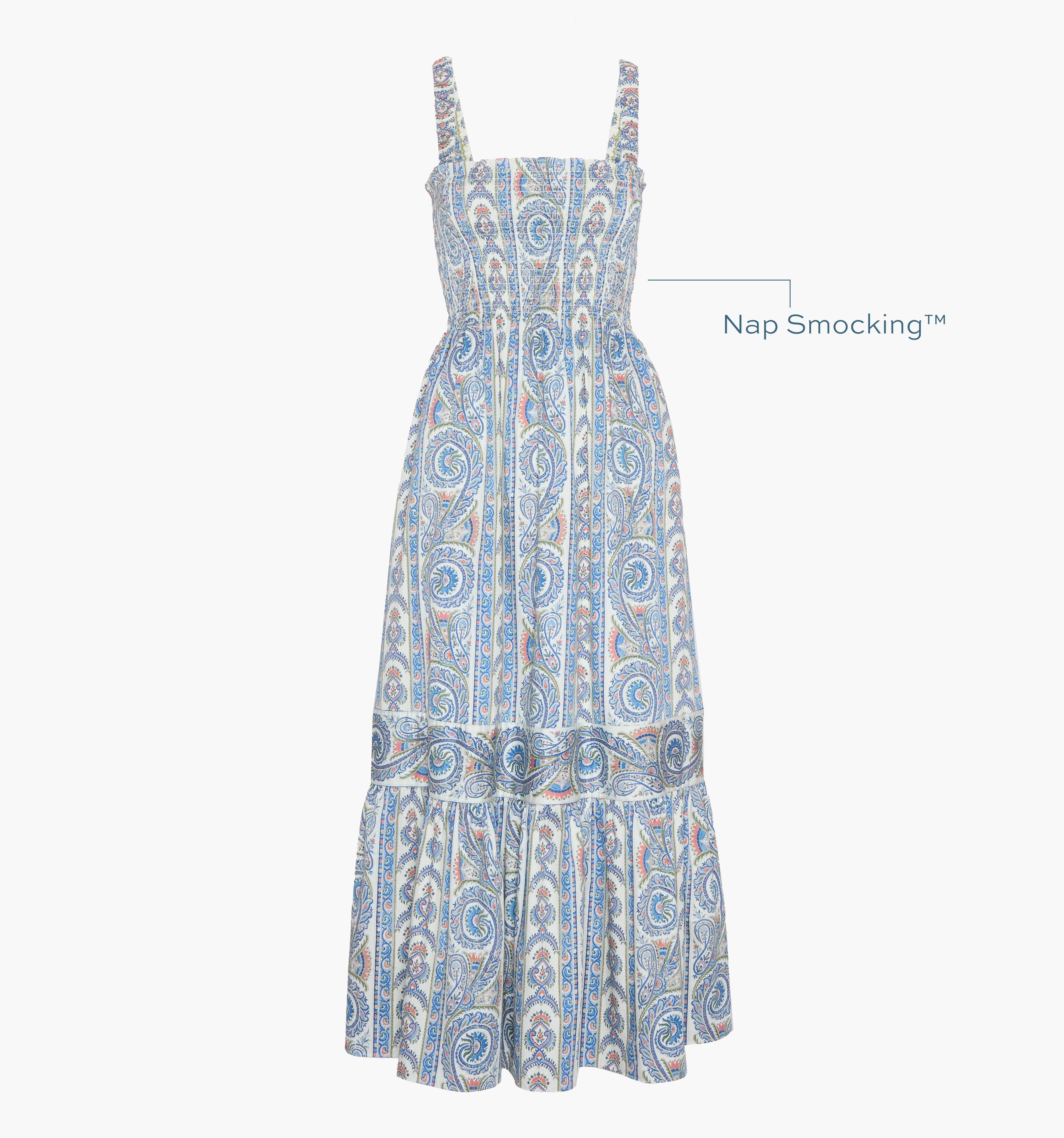 Image of a Nap Dress with text highlighting it's Nap Smocking™ color: Blue Corsica Paisley