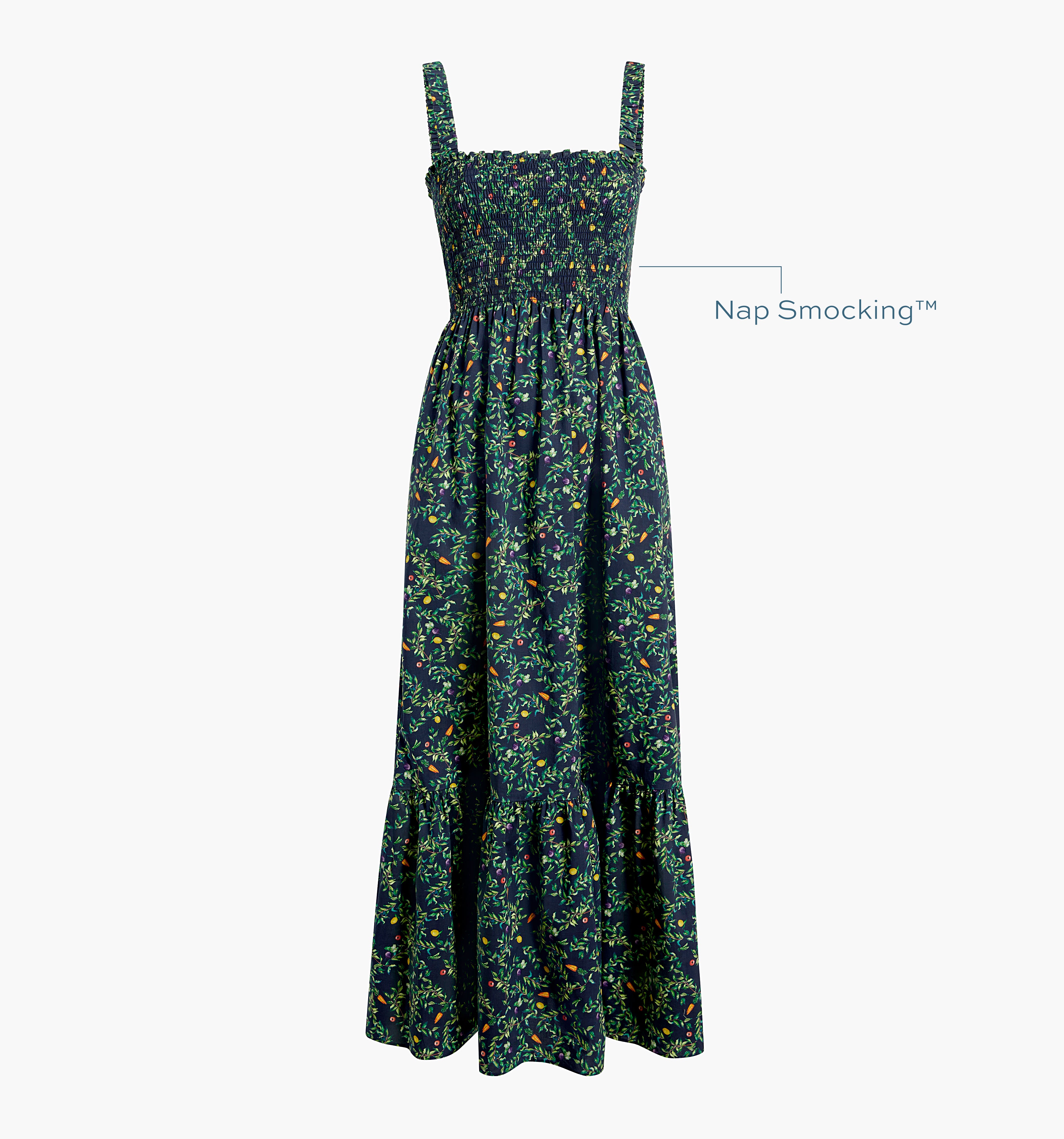 Image of a Nap Dress with text highlighting it's Nap Smocking™ color: Midnight Garden