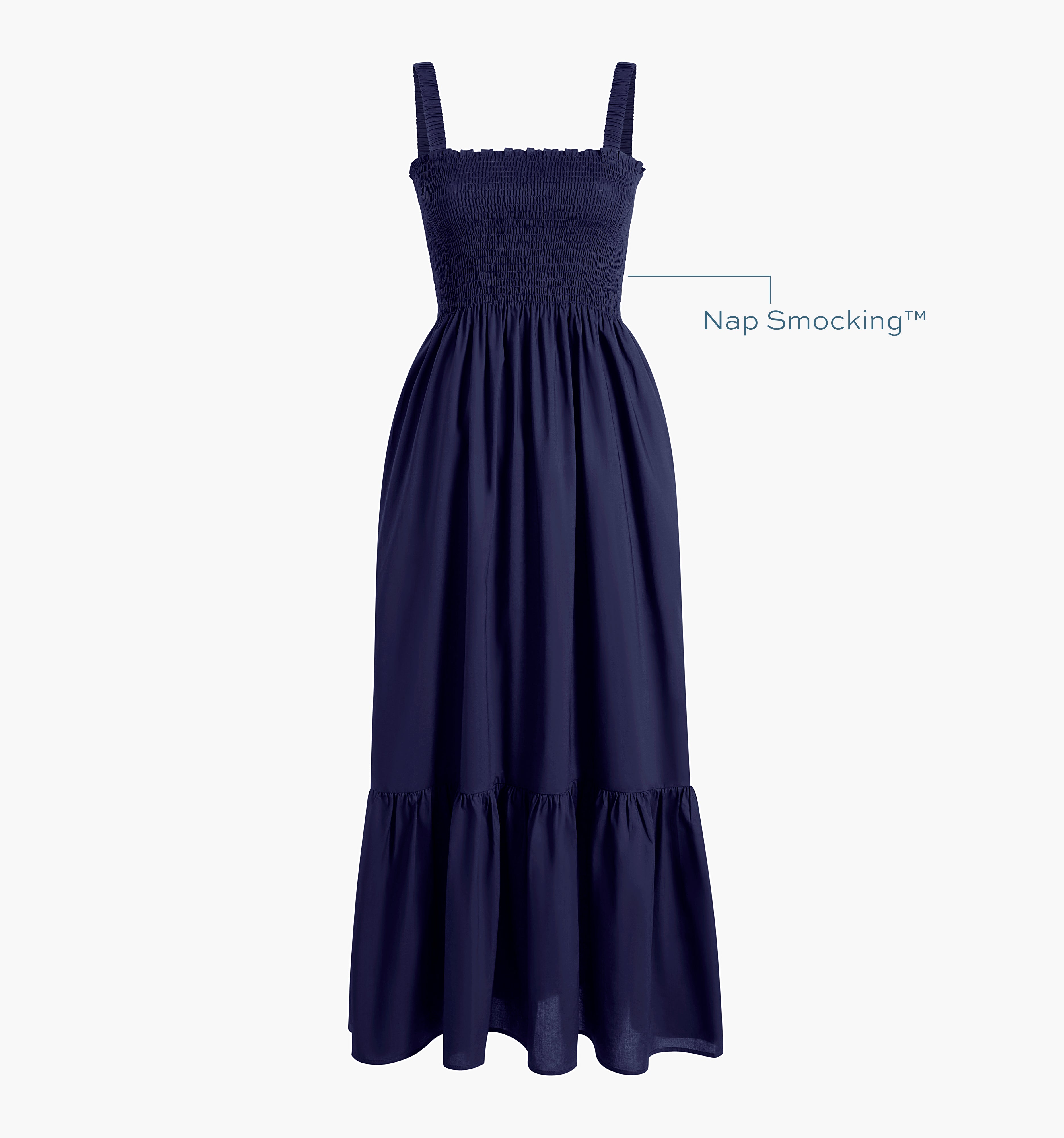 Image of a Nap Dress with text highlighting it's Nap Smocking™ color: Navy Cotton
