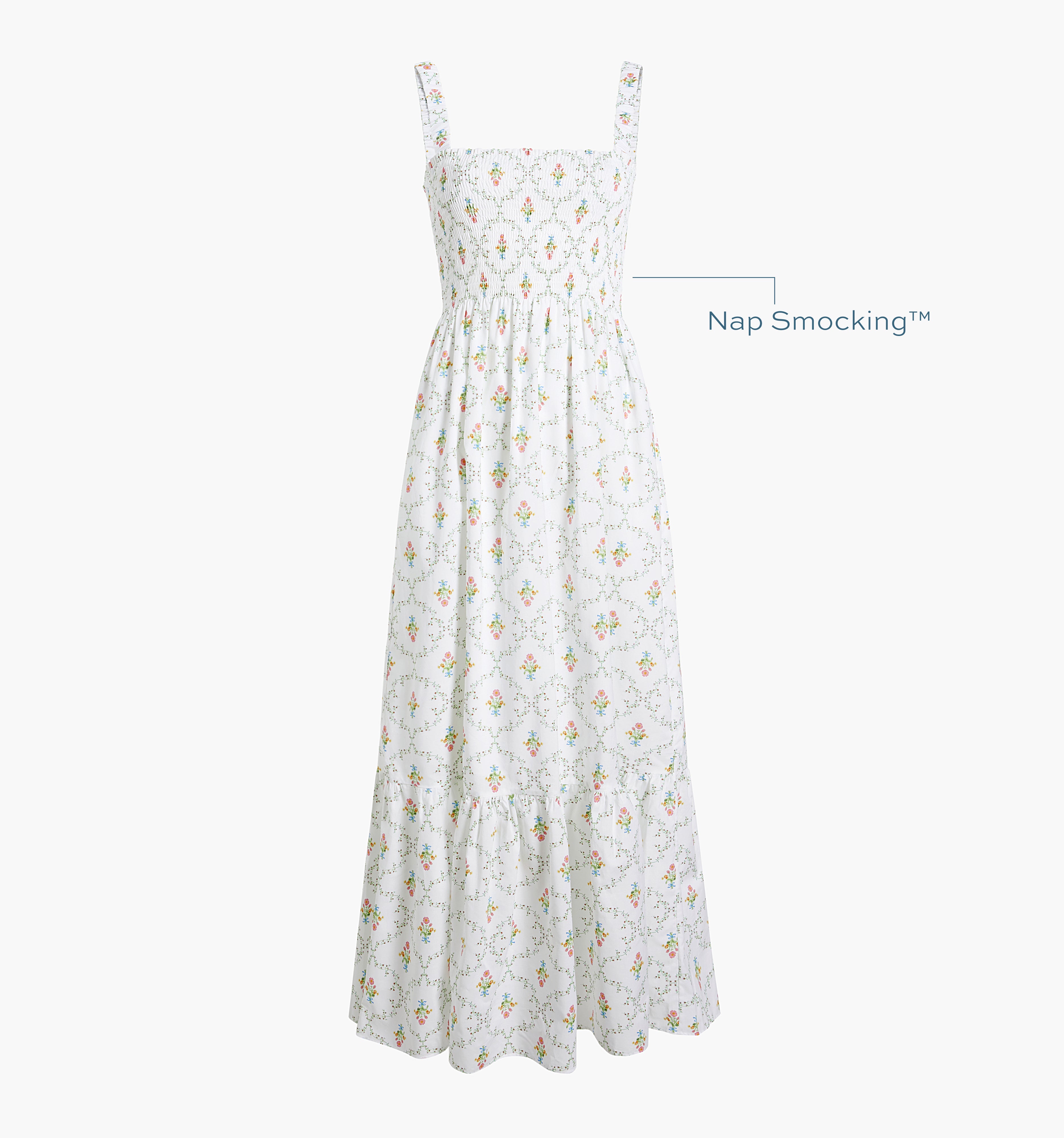 Image of a Nap Dress with text highlighting it's Nap Smocking™ color: Pastel Trellis Cotton