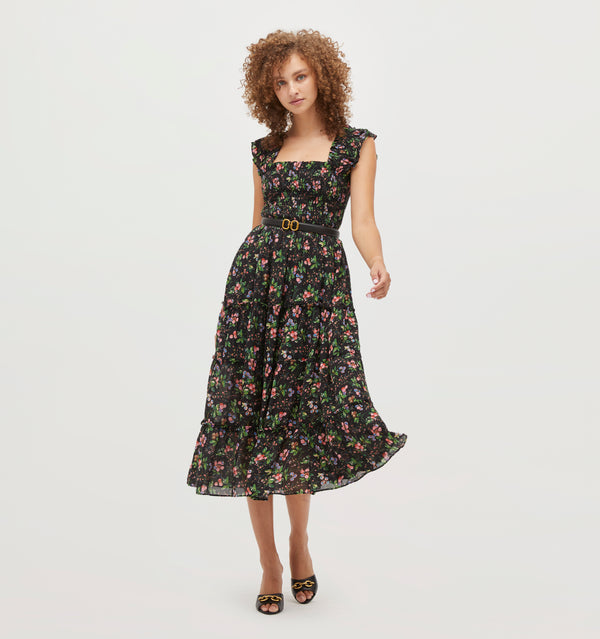 Gabriella wears a size XS in the Multi Berry Crinkle Chiffon color: Multi Berry Crinkle Chiffon