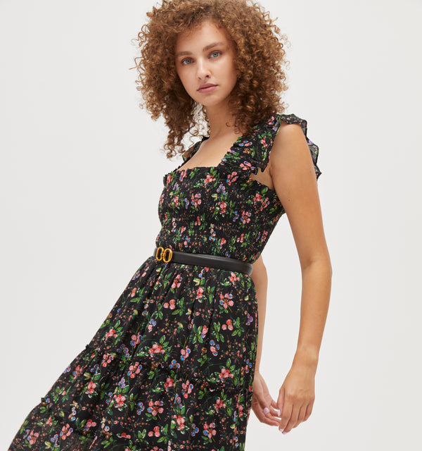 Gabriella wears a size XS in the Multi Berry Crinkle Chiffon color: Multi Berry Crinkle Chiffon