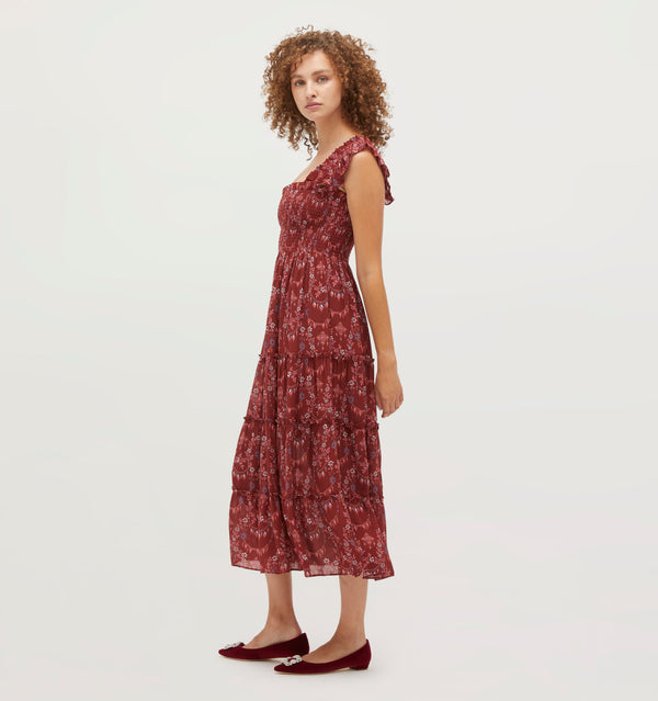 Gabriella wears a size XS in the Garnet Charm Scallop Crinkle Chiffon color: Garnet Charm Scallop Crinkle Chiffon