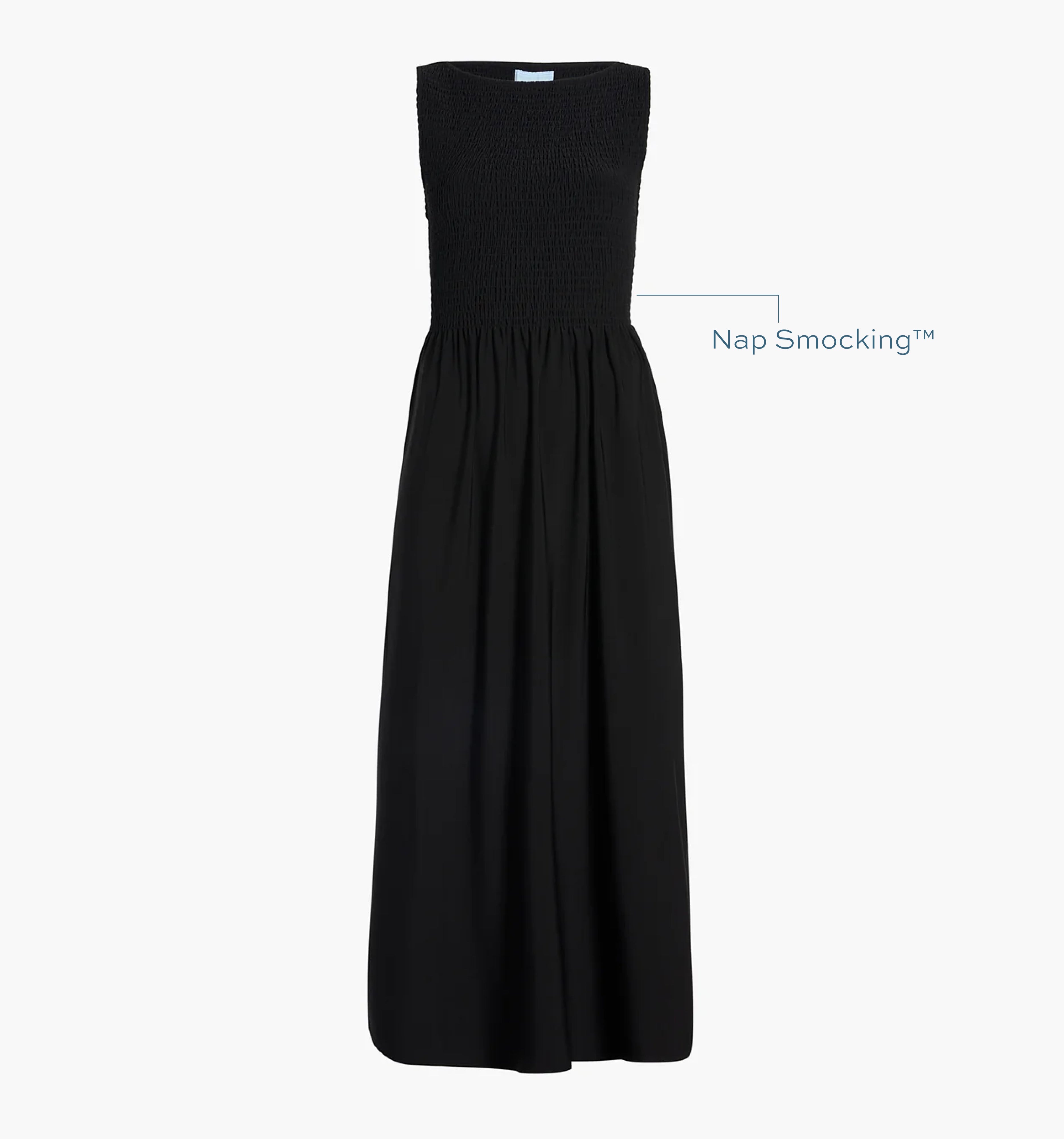 Image of a Nap Dress with text highlighting it's Nap Smocking™ color: Black Jersey