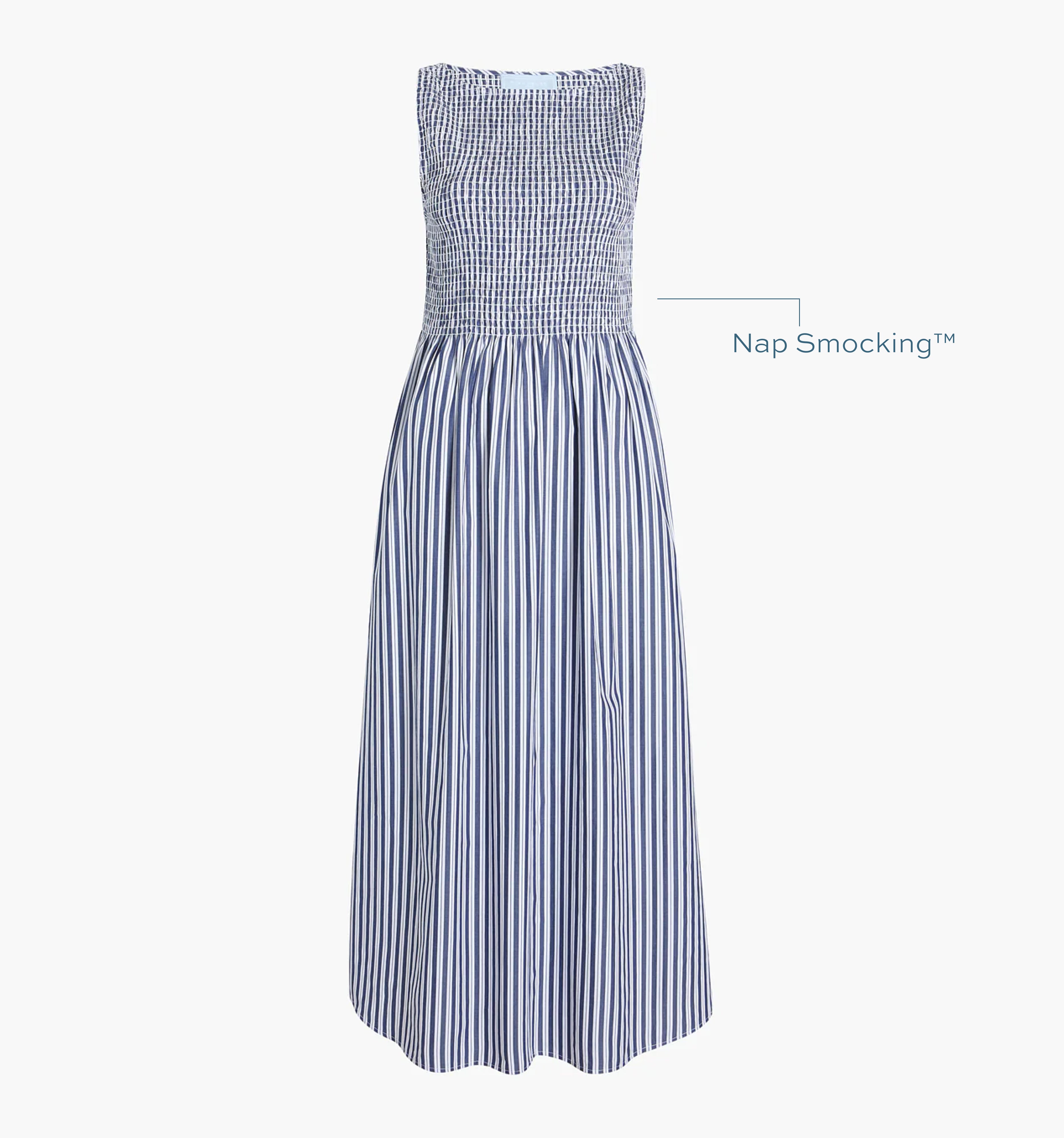 Image of a Nap Dress with text highlighting it's Nap Smocking™ color: Navy Stripe