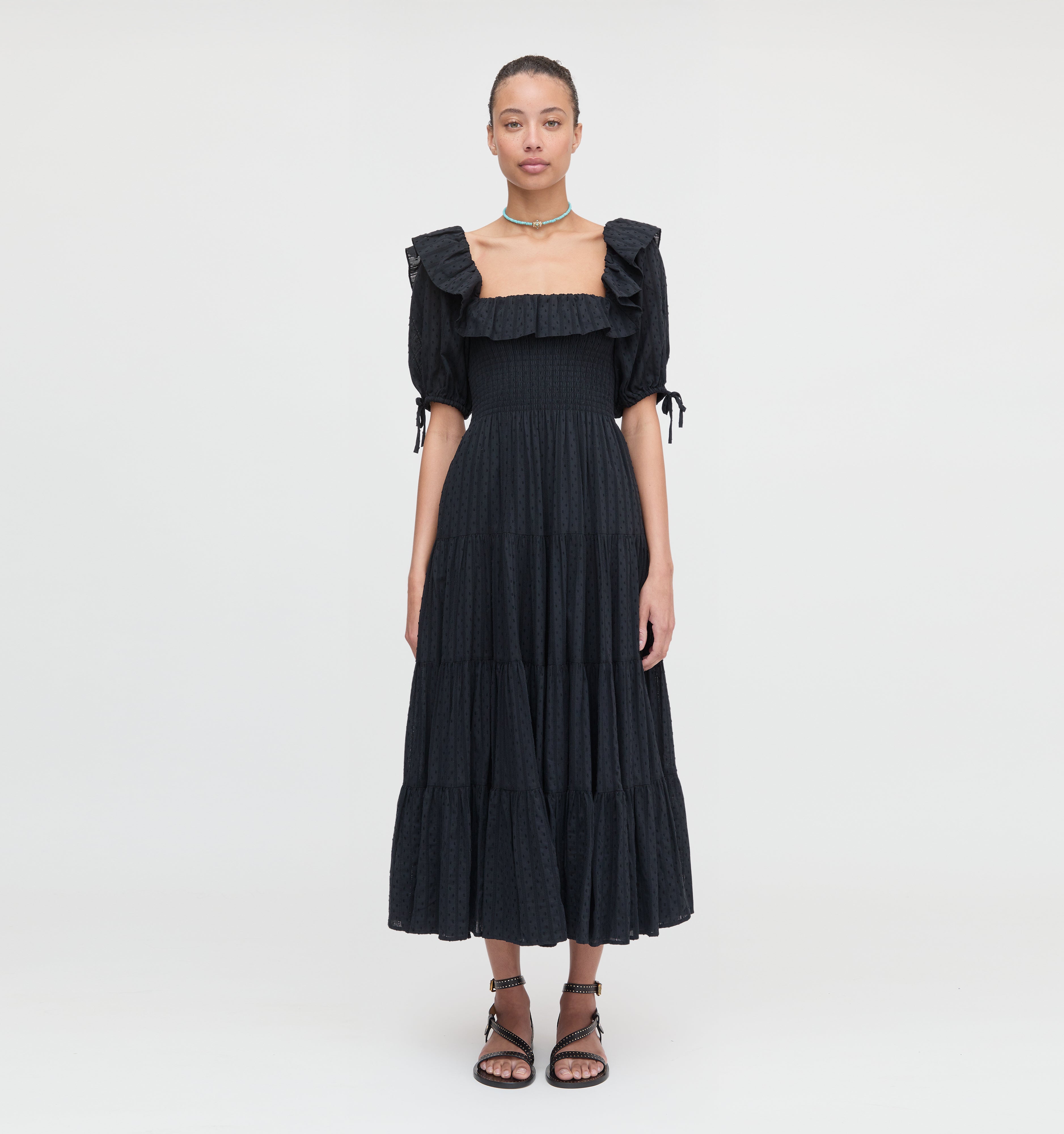 The Corinne Nap Dress - Black Linear Swiss Dot