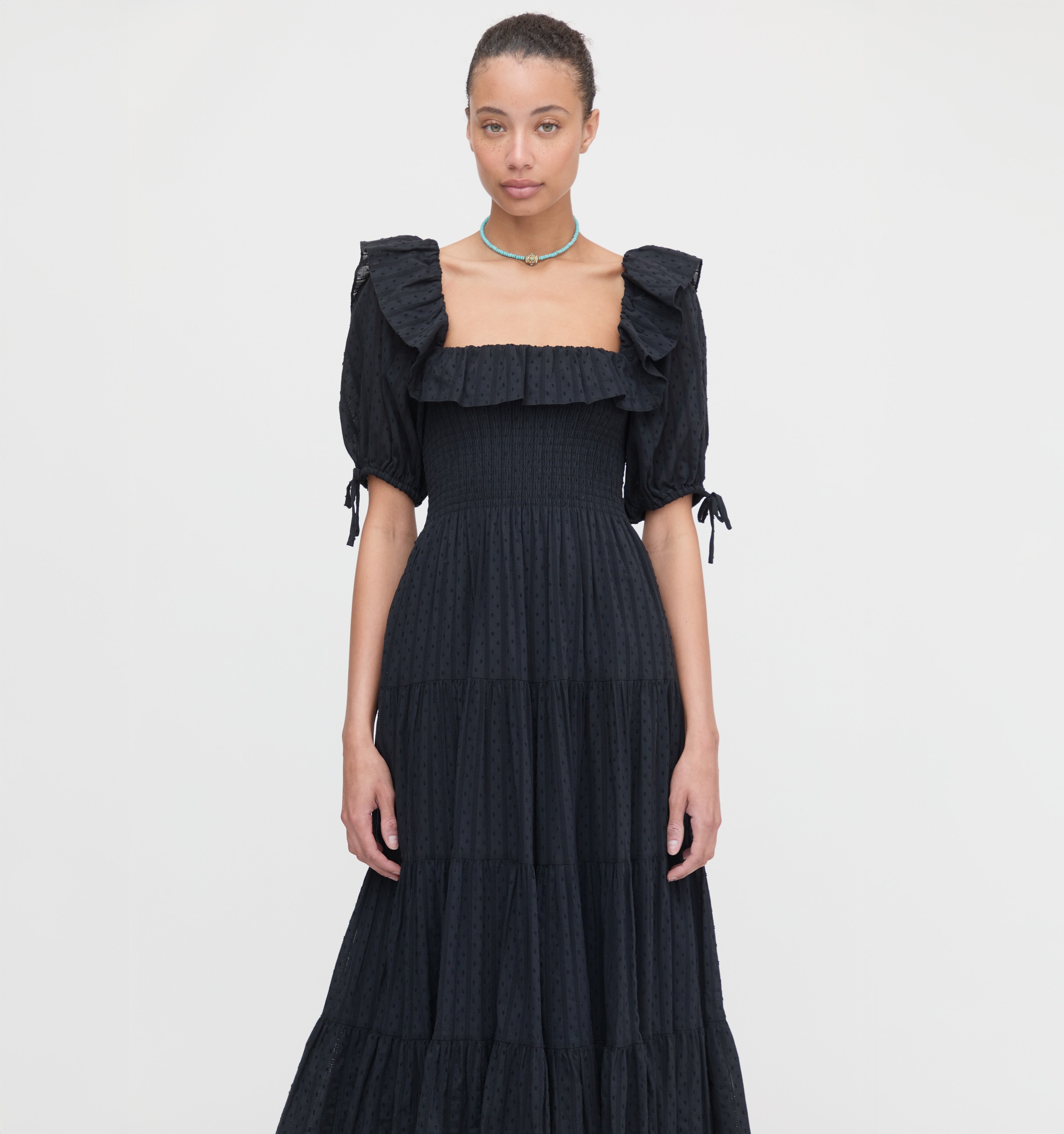 The Corinne Nap Dress - Black Linear Swiss Dot