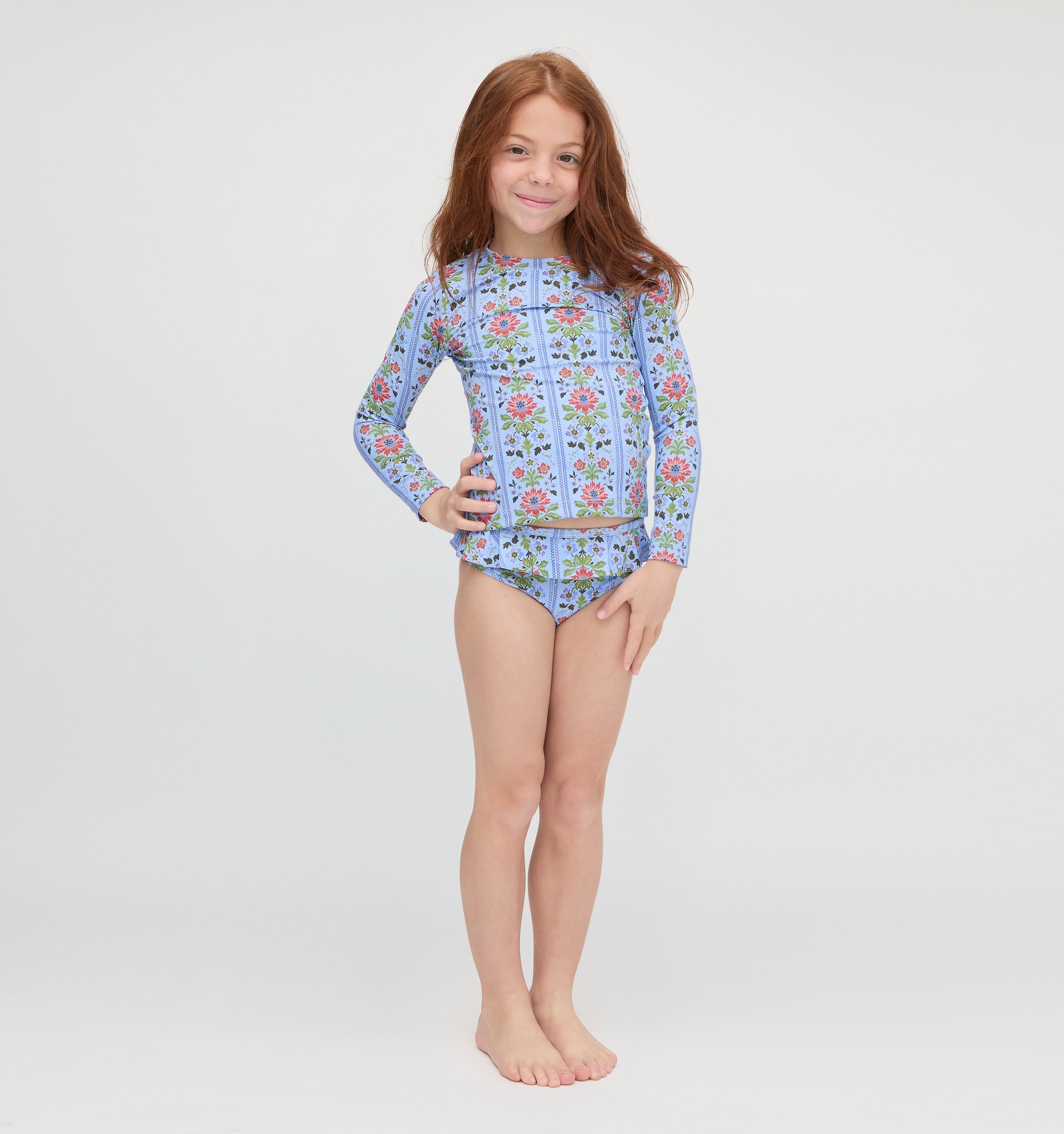 The Tiny Ariel Rashguard Set - Blue Floral Block Stripe
