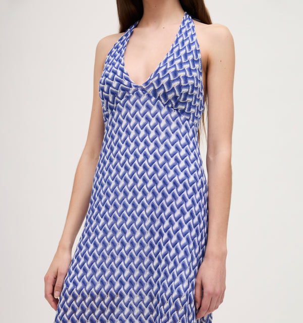 Lillian wears a size XS In the Blue Multi Raschel Knit color: Blue Multi Raschel Knit