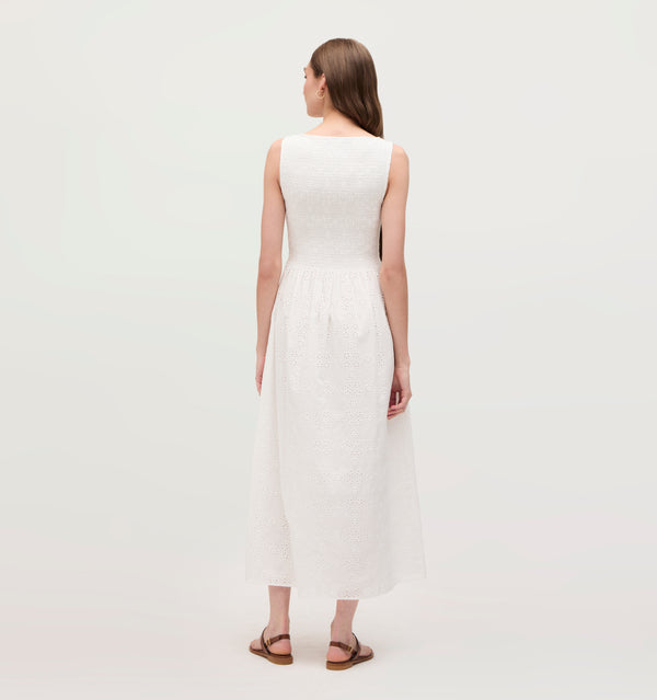 Lillian wears a size XS in the White Eyelet color: White Eyelet