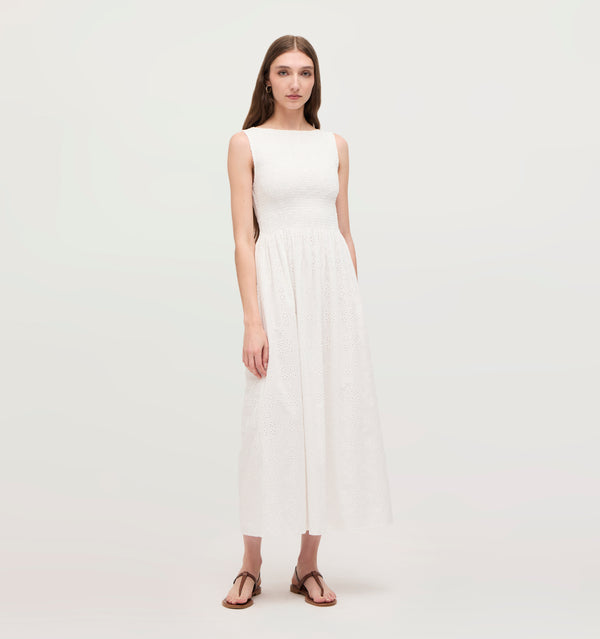 Lillian wears a size XS in the White Eyelet color: White Eyelet