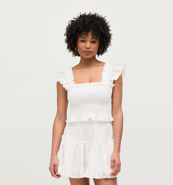 Na’Jeen wears a size S in the White Eyelet color: White Eyelet