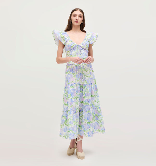 Lillian wears a size XS in the Blue Hydrangea Cotton color: Blue Hydrangea Cotton