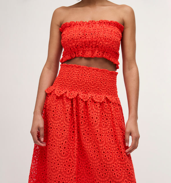 Na’Jeen wears a size S in the Poppy Red Scallop Lace color: Poppy Red Scallop Lace