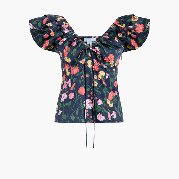 The Zuri Top - Navy Peony Bouquet Cotton Sateen – Hill House