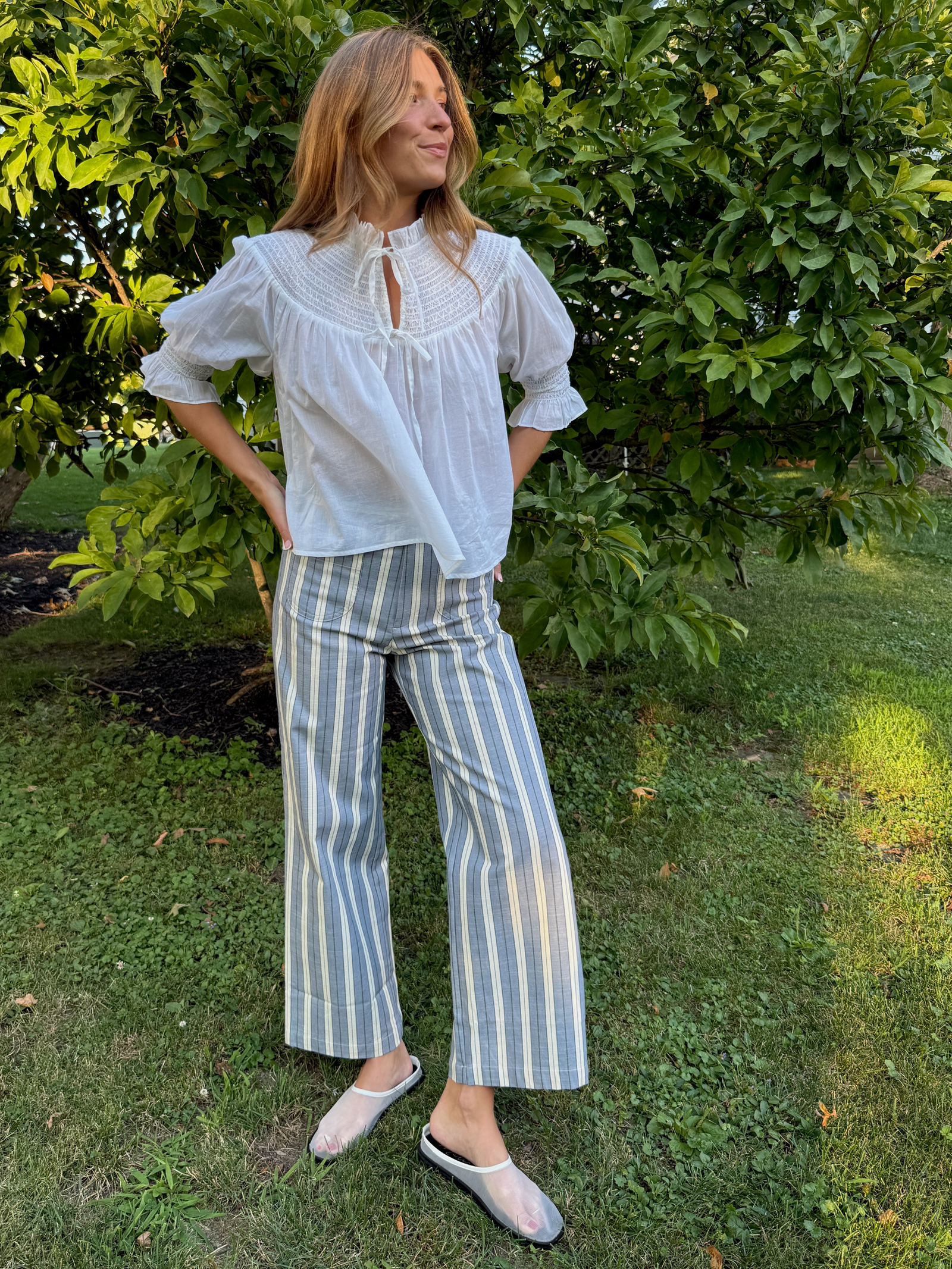 The Mindy Pant -  Coln Ticking Stripe Dusty Blue
