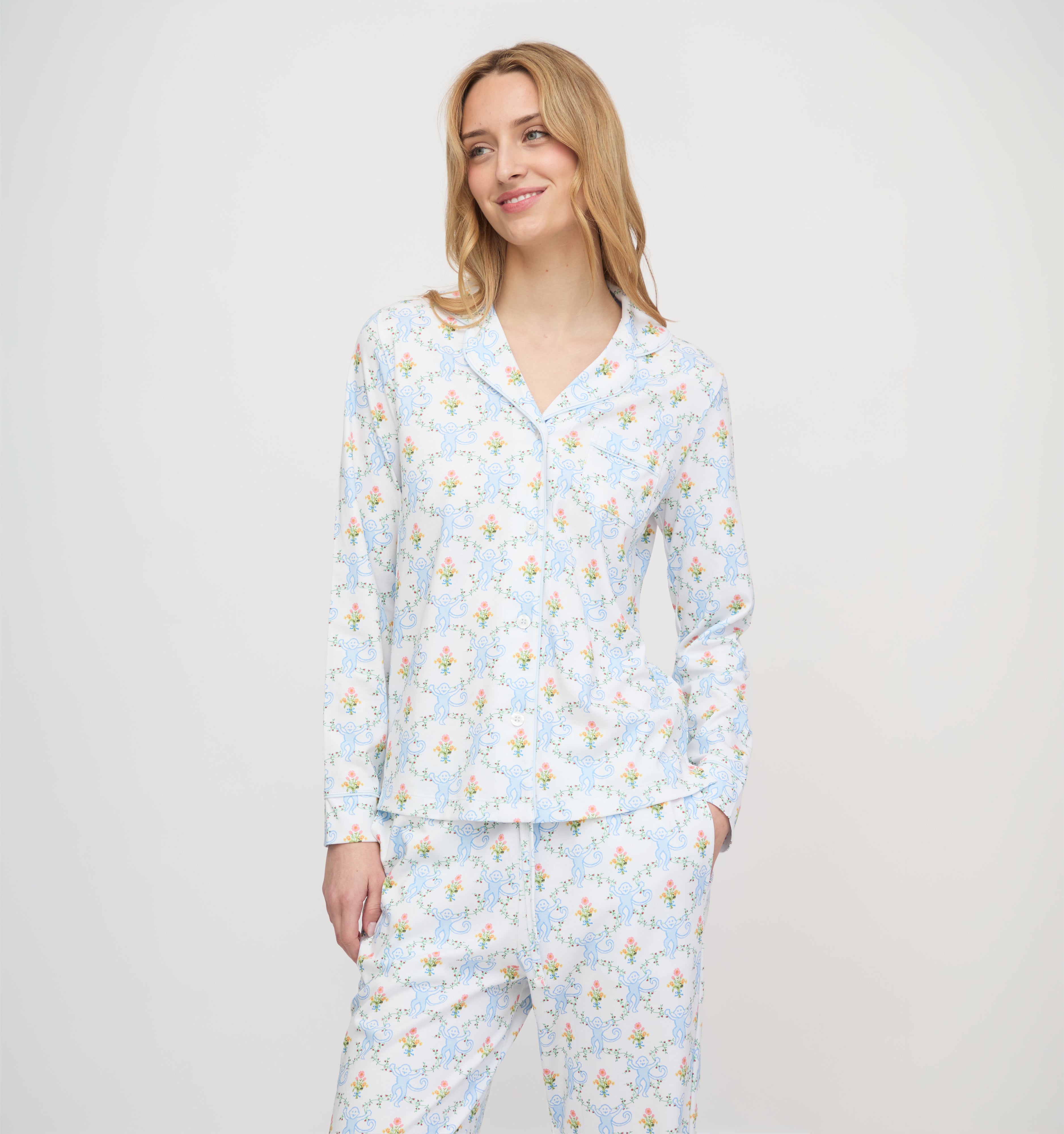 Roller Rabbit x Hill House Long Sleeve Polo Pajamas - Blue Floral