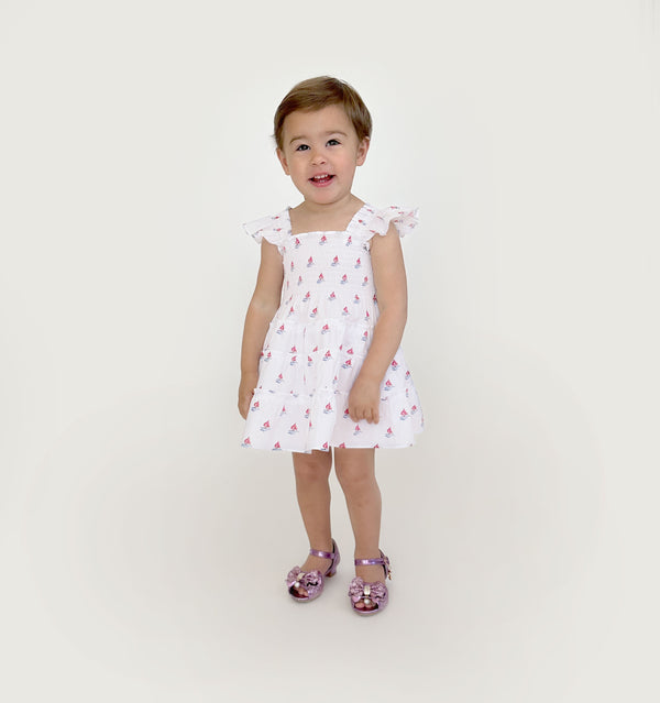 Sienna wears a size 2Y in the Love Boats Cotton color: Love Boats Cotton