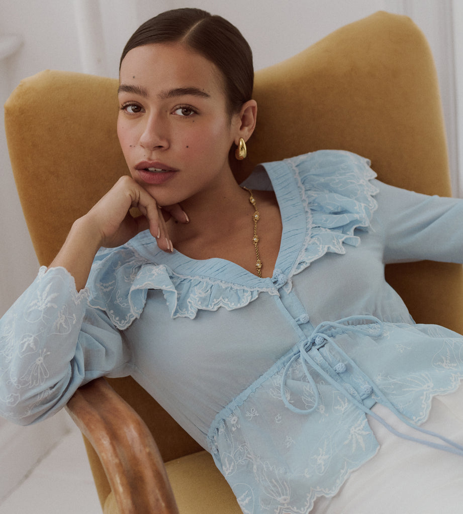 トップス houseonthehill The Zoya Top - Powder Blue with White Embroidery – Hill House Home