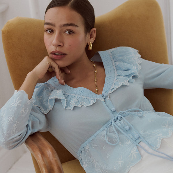トップス House on the Hill The Zoya Top - Powder Blue with White Embroidery – Hill House Home