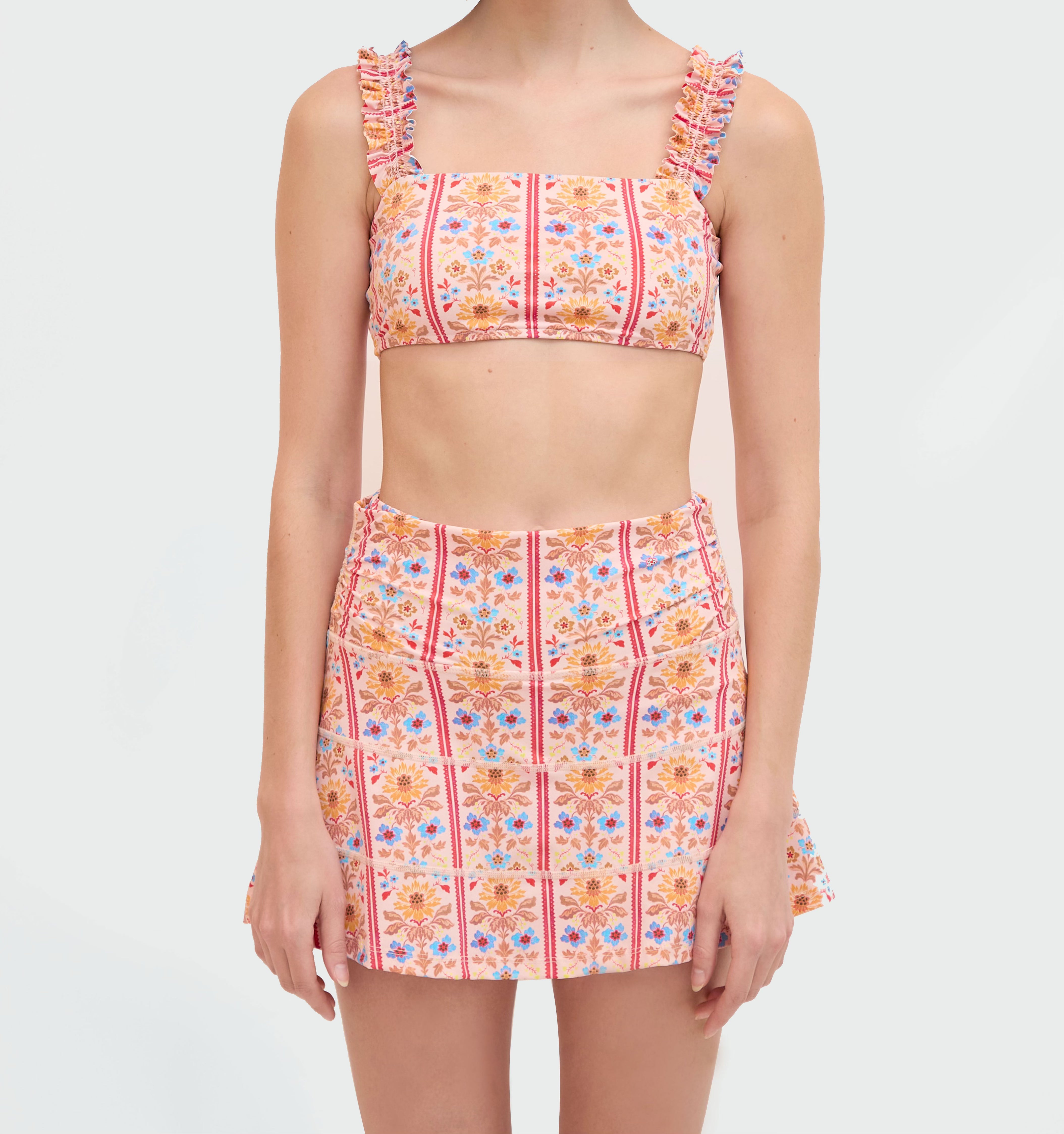The Riley Pool Skirt - Pink Floral Block Stripe