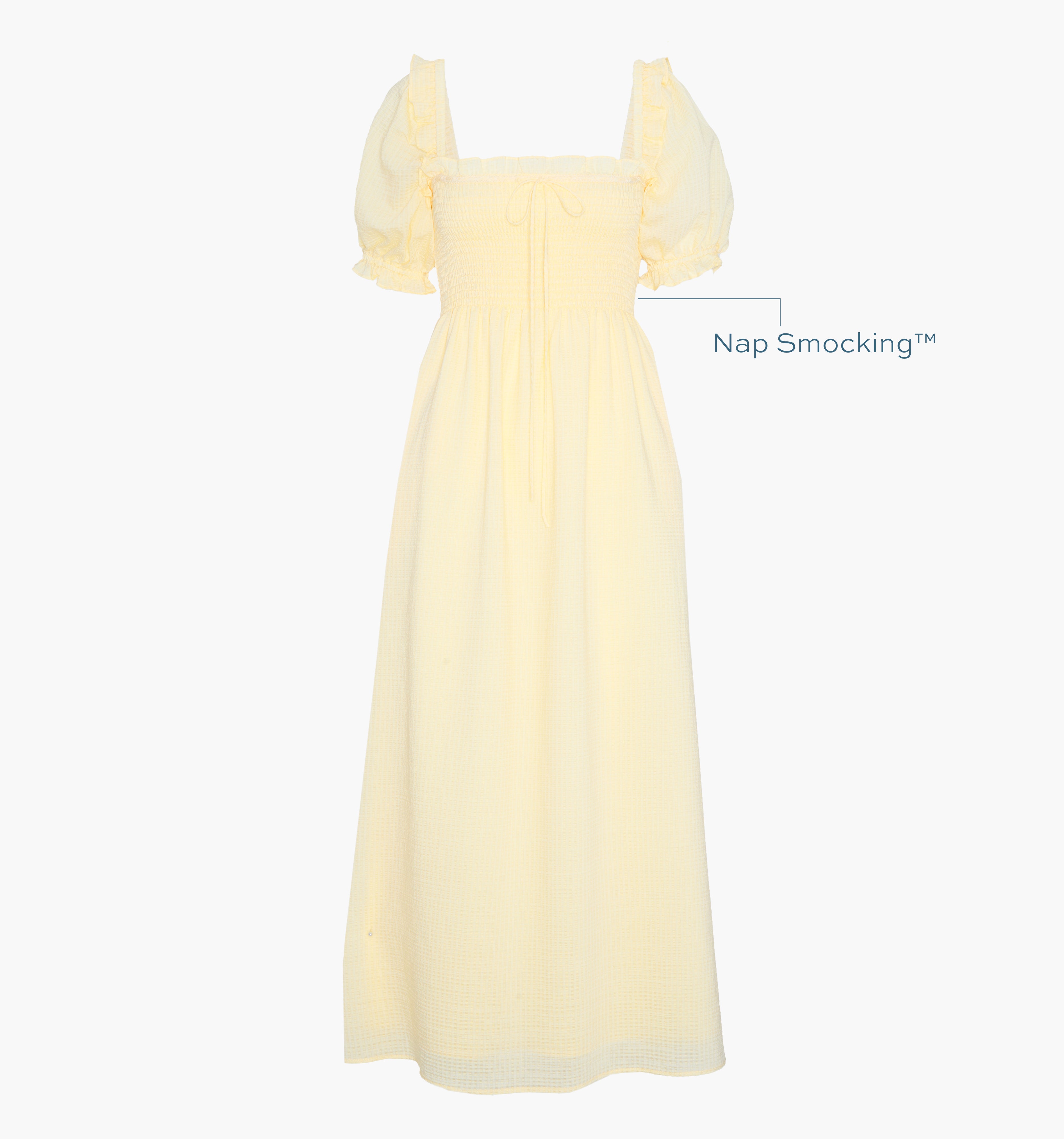 Image of a Nap Dress with text highlighting it's Nap Smocking™ color: Butter Yellow