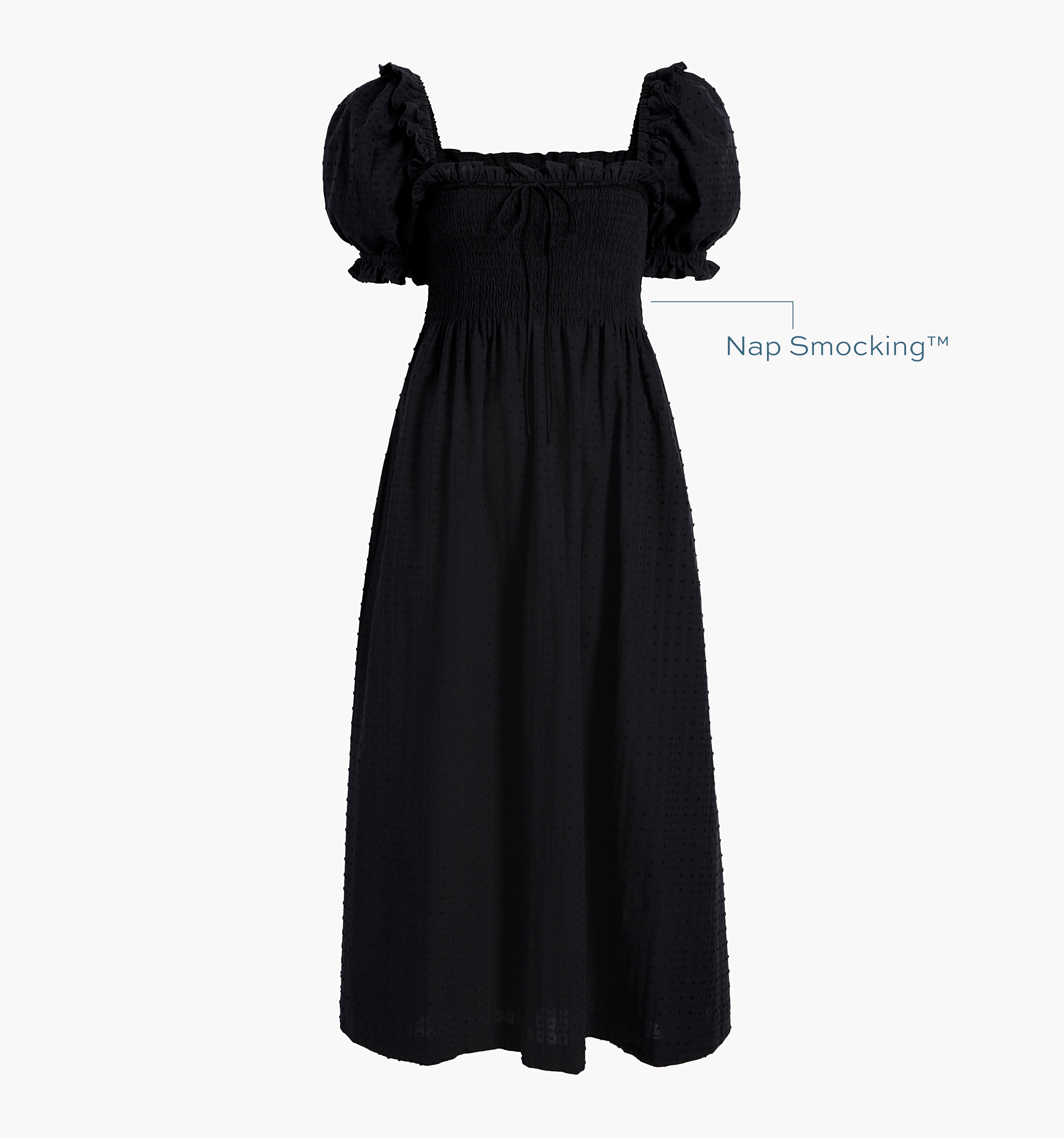 Image of a Nap Dress with text highlighting it's Nap Smocking™ color: Black Textured Clip Dot