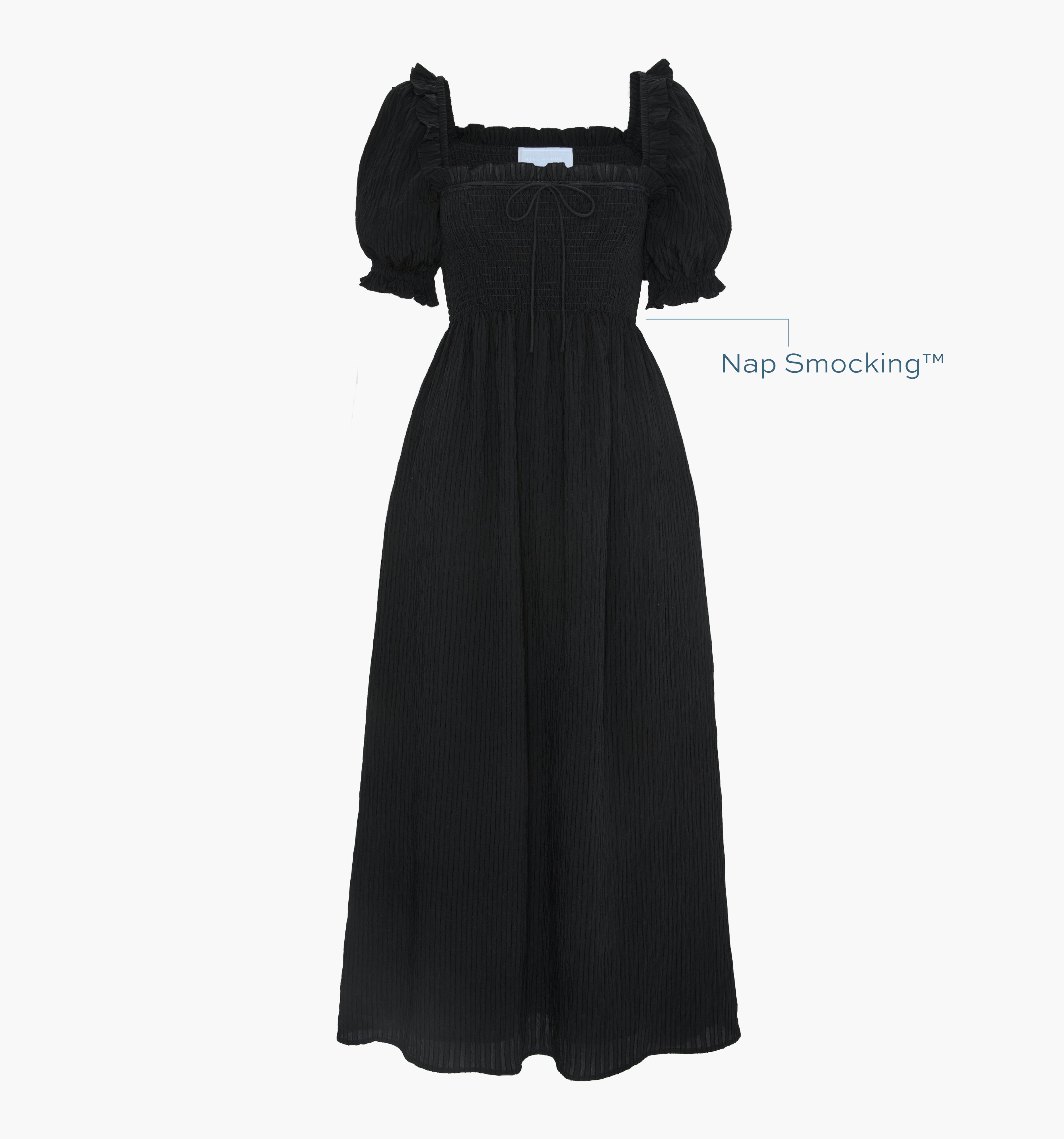 Image of a Nap Dress with text highlighting it's Nap Smocking™ color: Black Tonal Seersucker