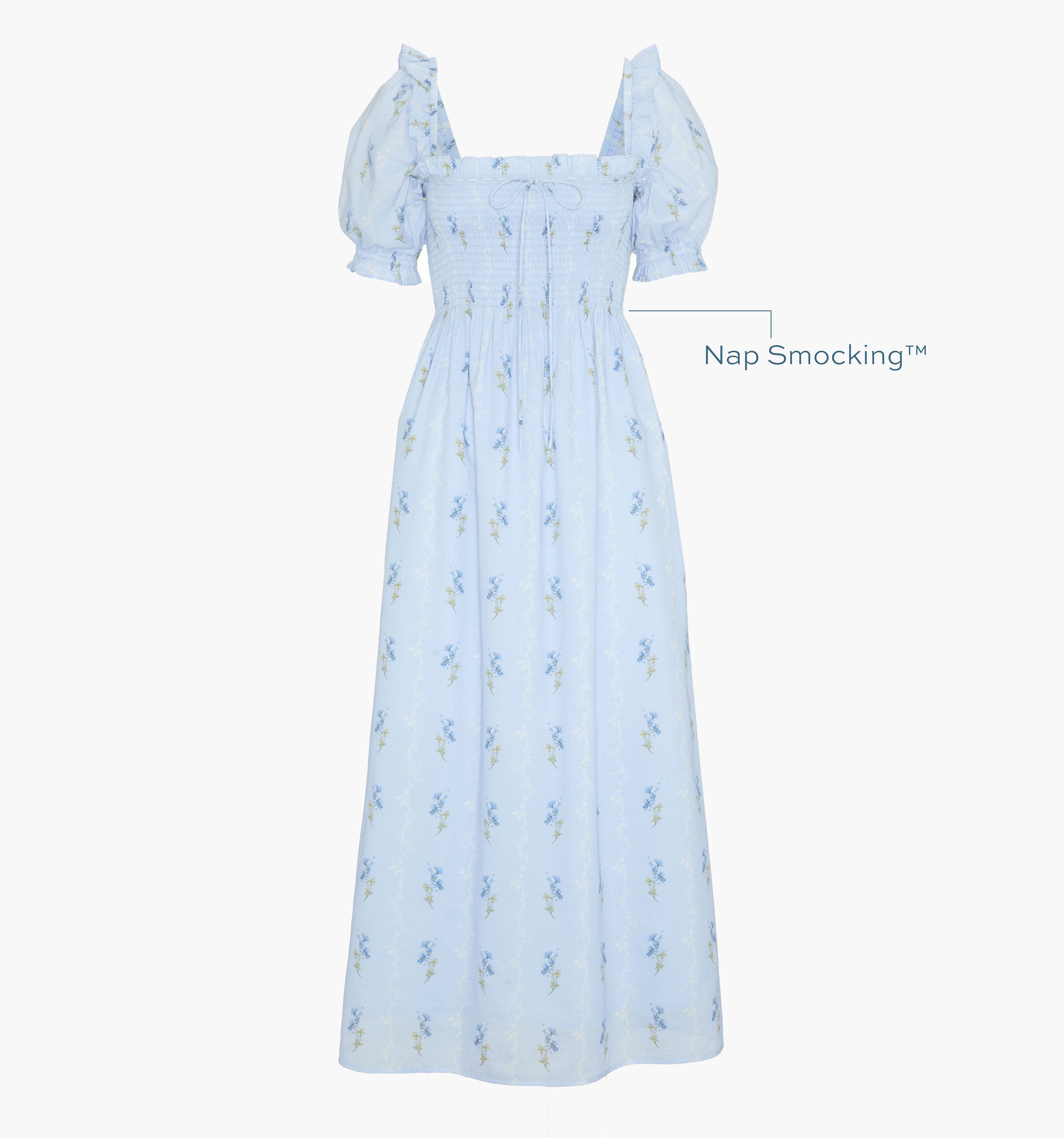 Image of a Nap Dress with text highlighting it's Nap Smocking™ color: Bluebell Waltz