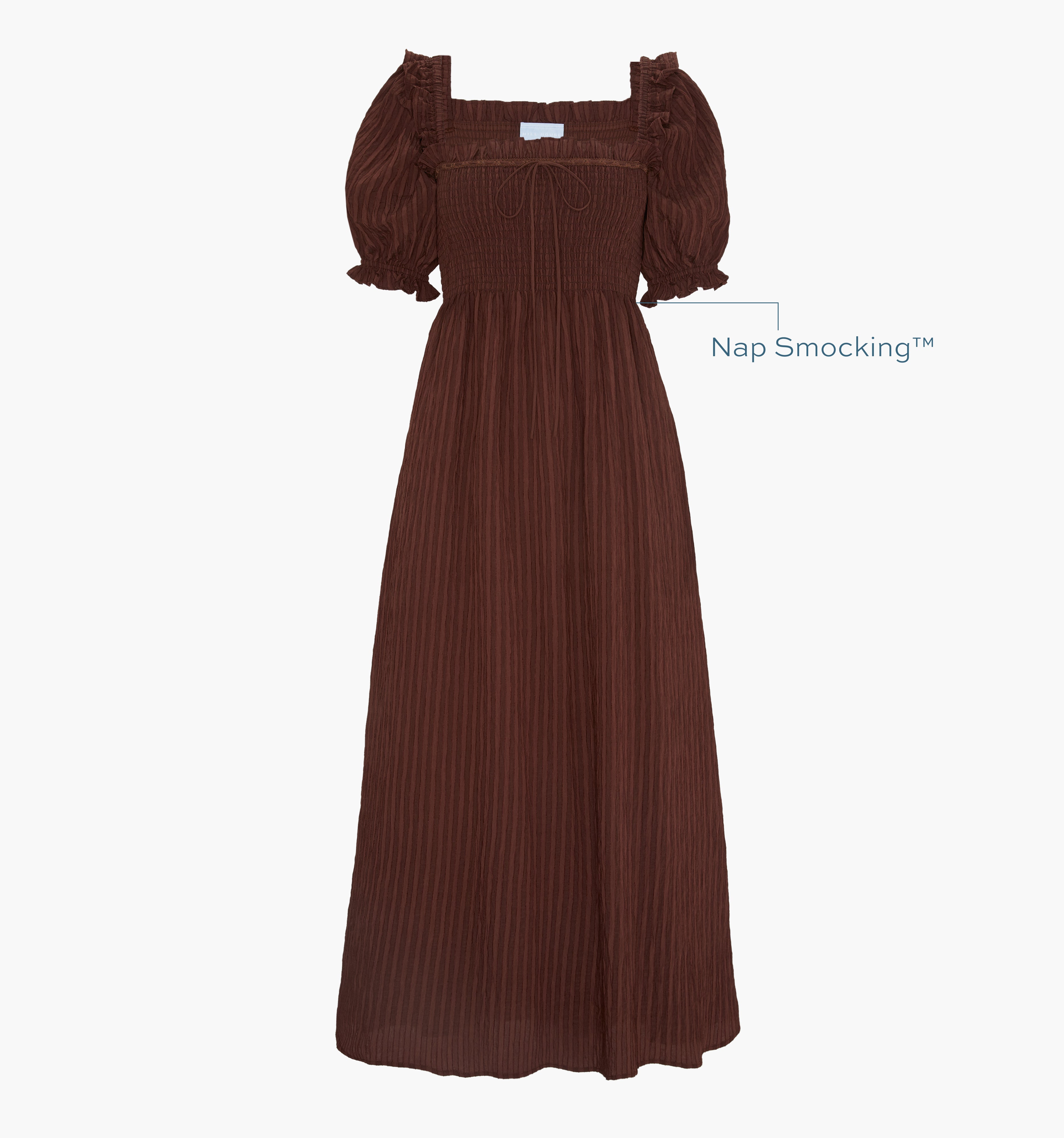Image of a Nap Dress with text highlighting it's Nap Smocking™ color: Chocolate Tonal Seersucker