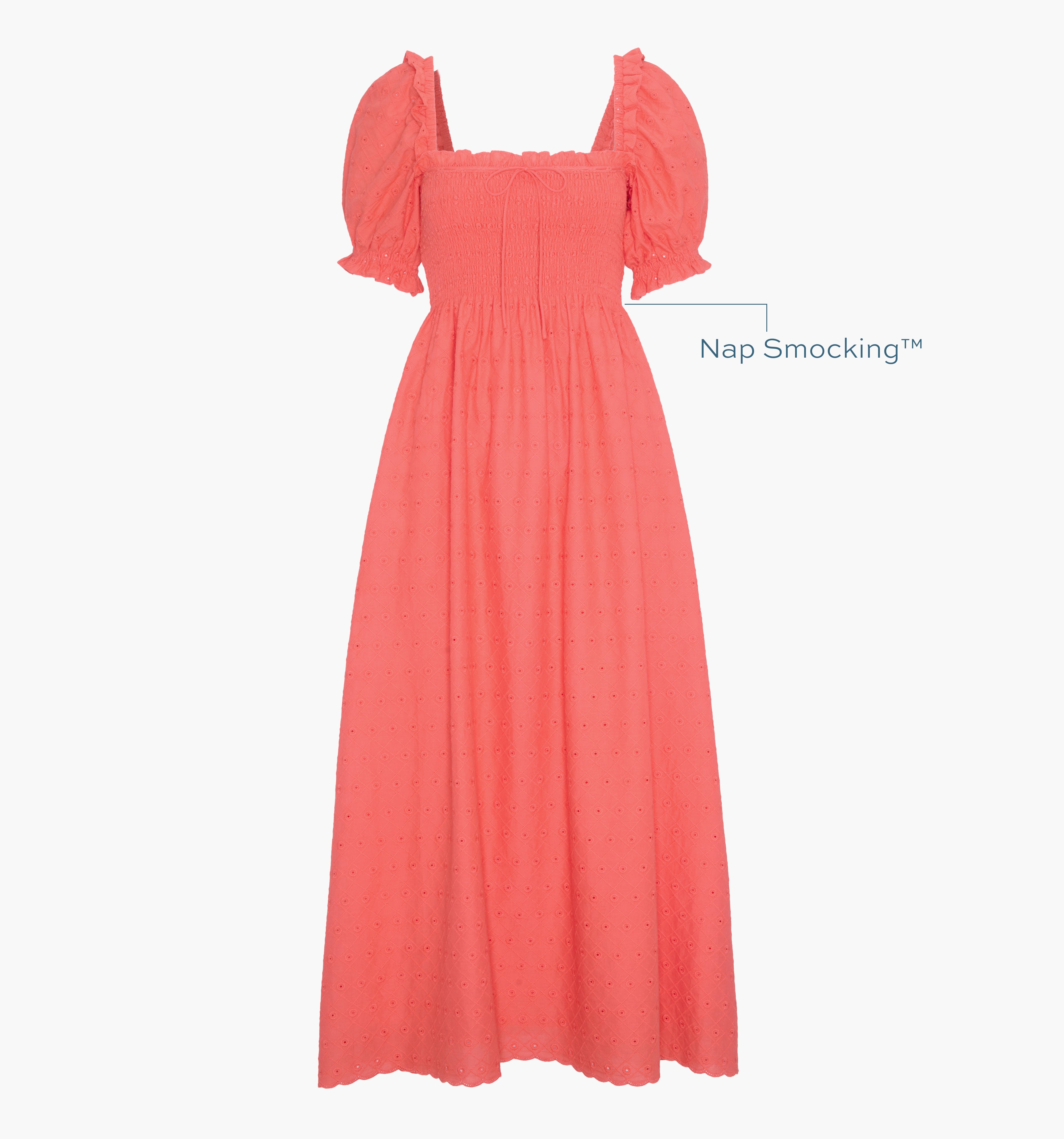 Image of a Nap Dress with text highlighting it's Nap Smocking™ color: Coral Daisy Broderie