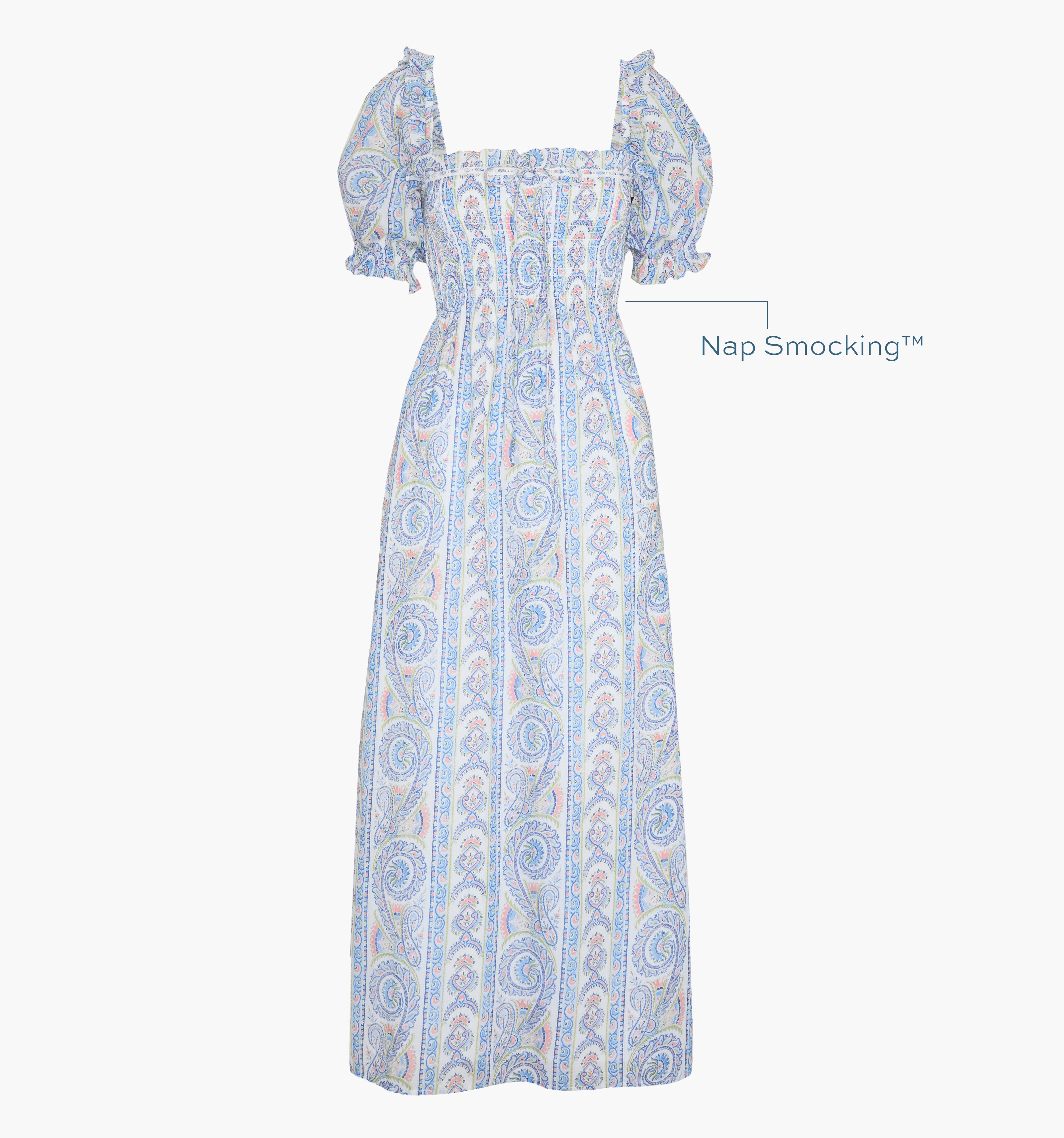 Image of a Nap Dress with text highlighting it's Nap Smocking™ color: Blue Corsica Paisley