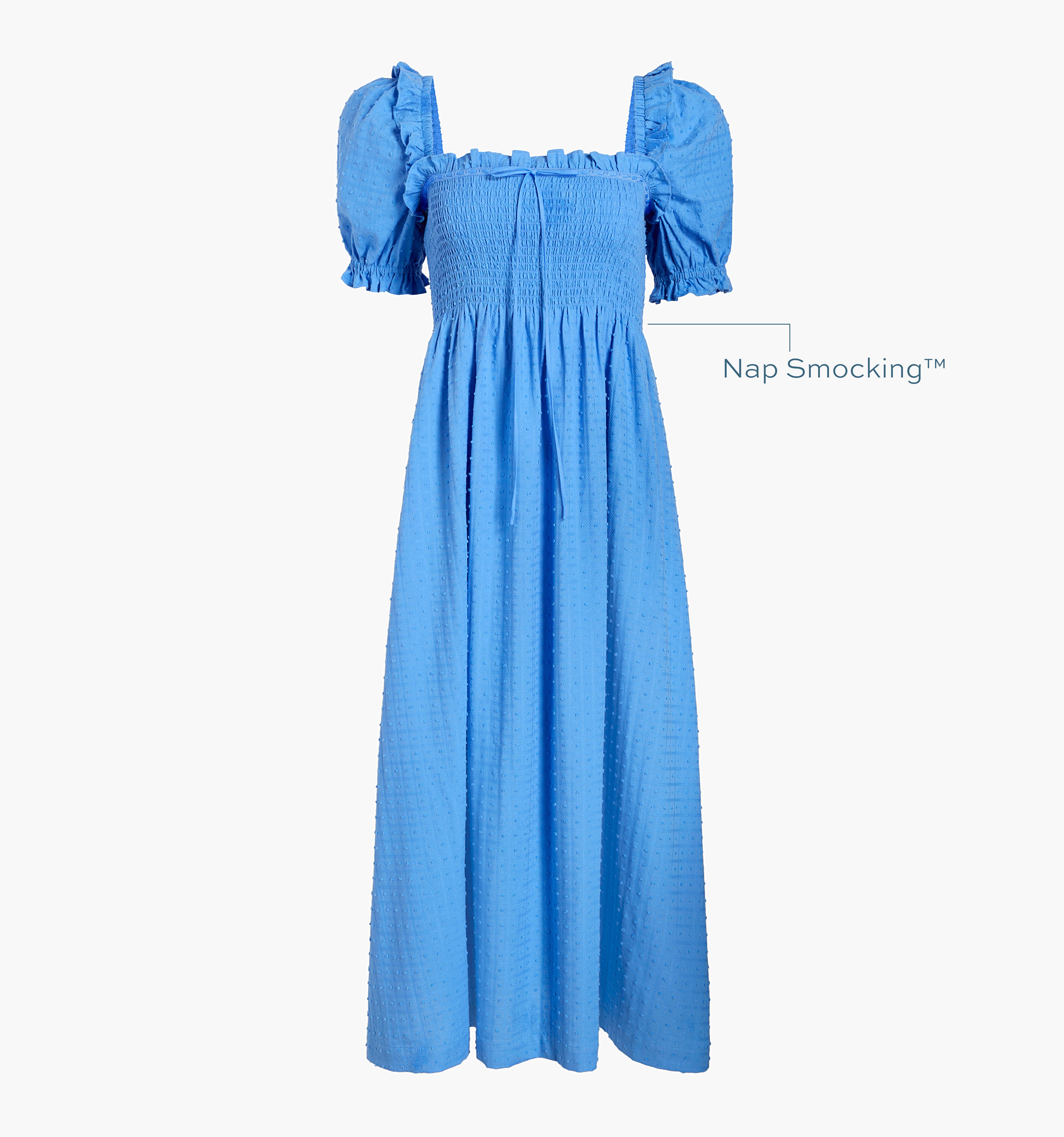 Image of a Nap Dress with text highlighting it's Nap Smocking™ color: Hydrangea Blue Textured Clip Dot