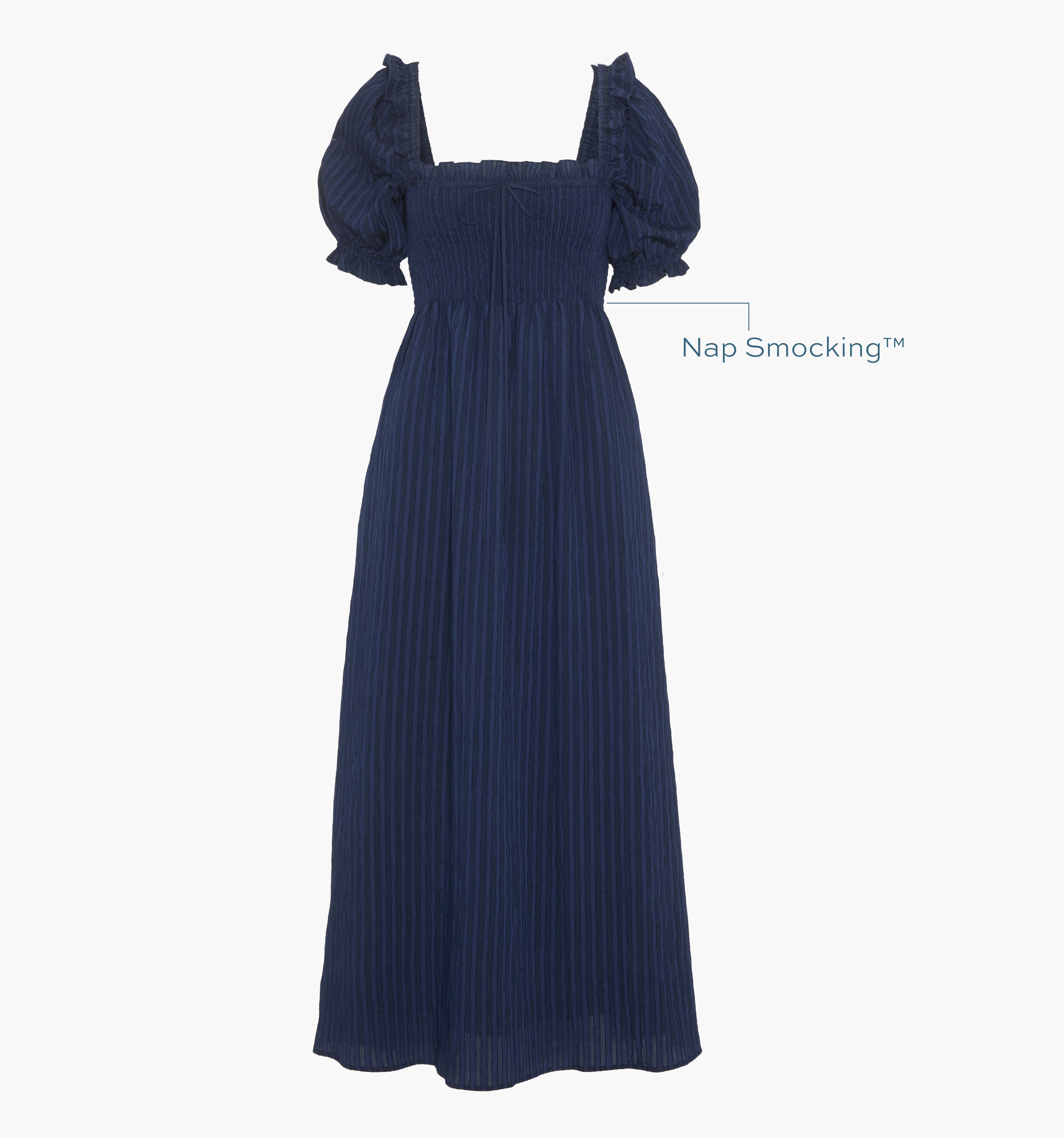 Image of a Nap Dress with text highlighting it's Nap Smocking™ color: Navy Tonal Seersucker