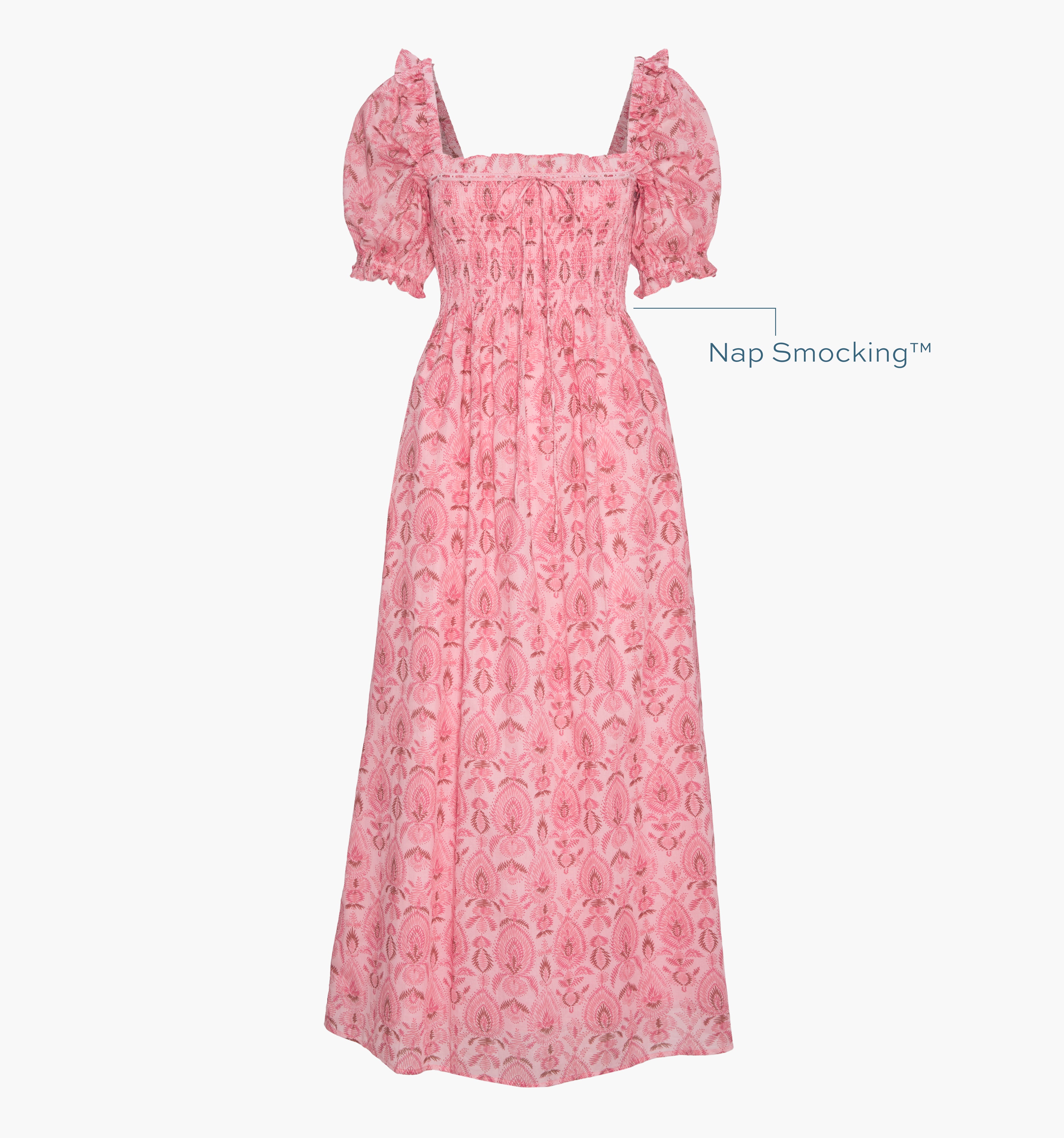 Image of a Nap Dress with text highlighting it's Nap Smocking™ color: Pink Palm Ikat