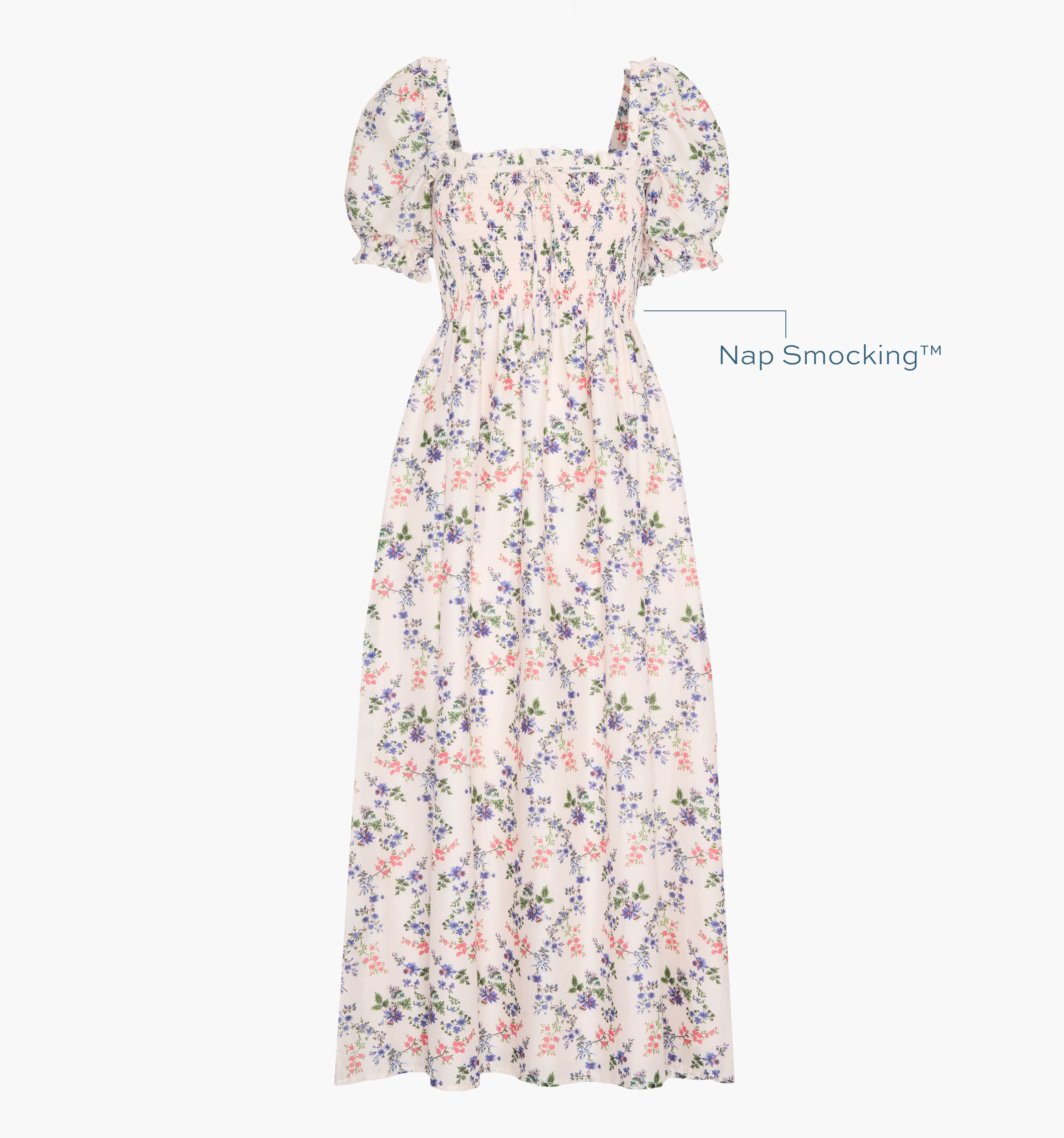 Image of a Nap Dress with text highlighting it's Nap Smocking™ color: Pink Scallop Bow Chintz