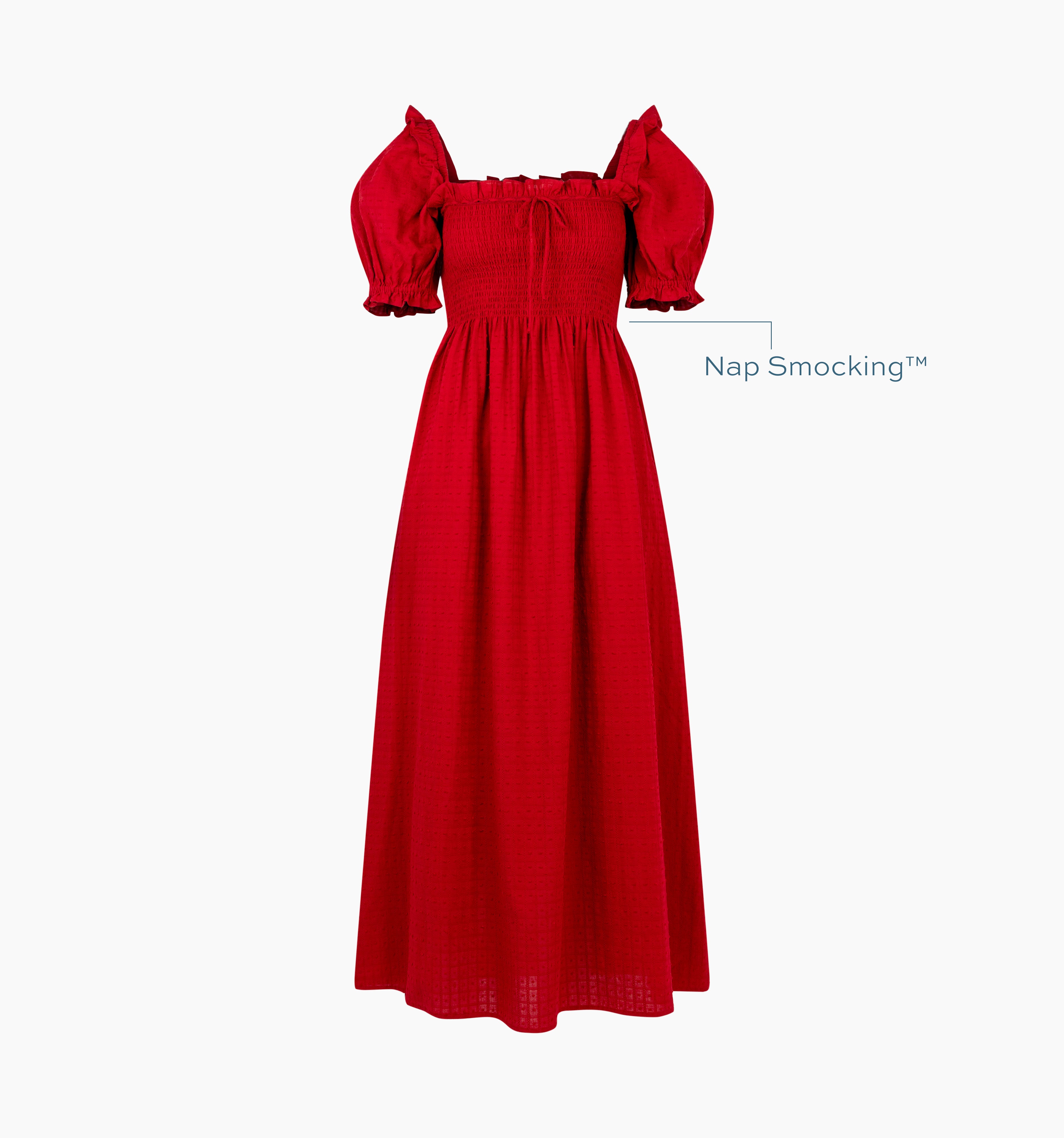 Image of a Nap Dress with text highlighting it's Nap Smocking™ color: Chili Red Textured Clip Dot