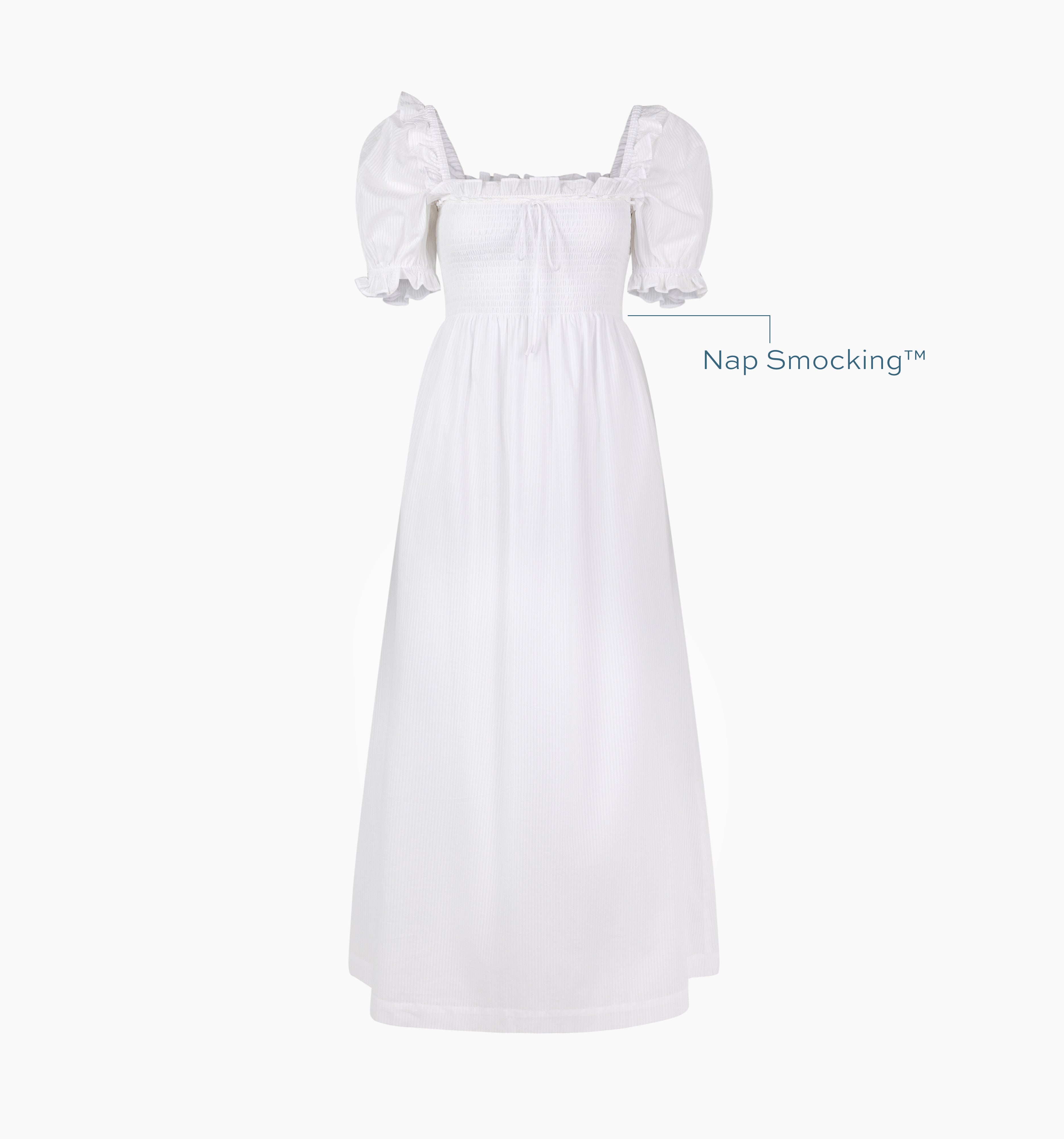 Image of a Nap Dress with text highlighting it's Nap Smocking™ color: White Shadow Stripe