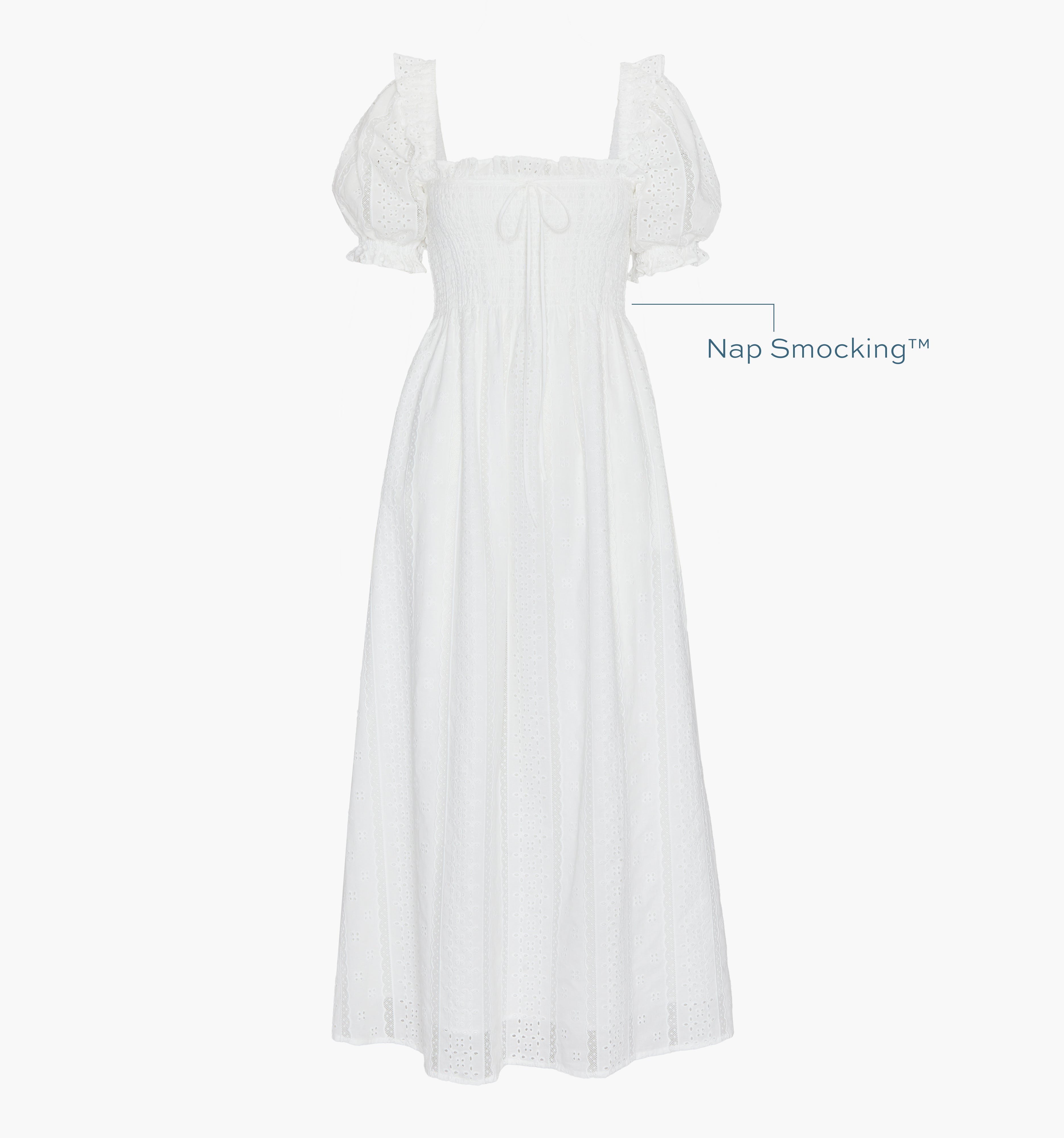 Image of a Nap Dress with text highlighting it's Nap Smocking™ color: White Broderie Voile