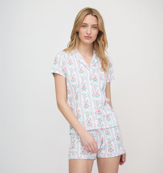 Roller Rabbit x Hill House Polo Pajamas - Pink Monkey Block Stripe