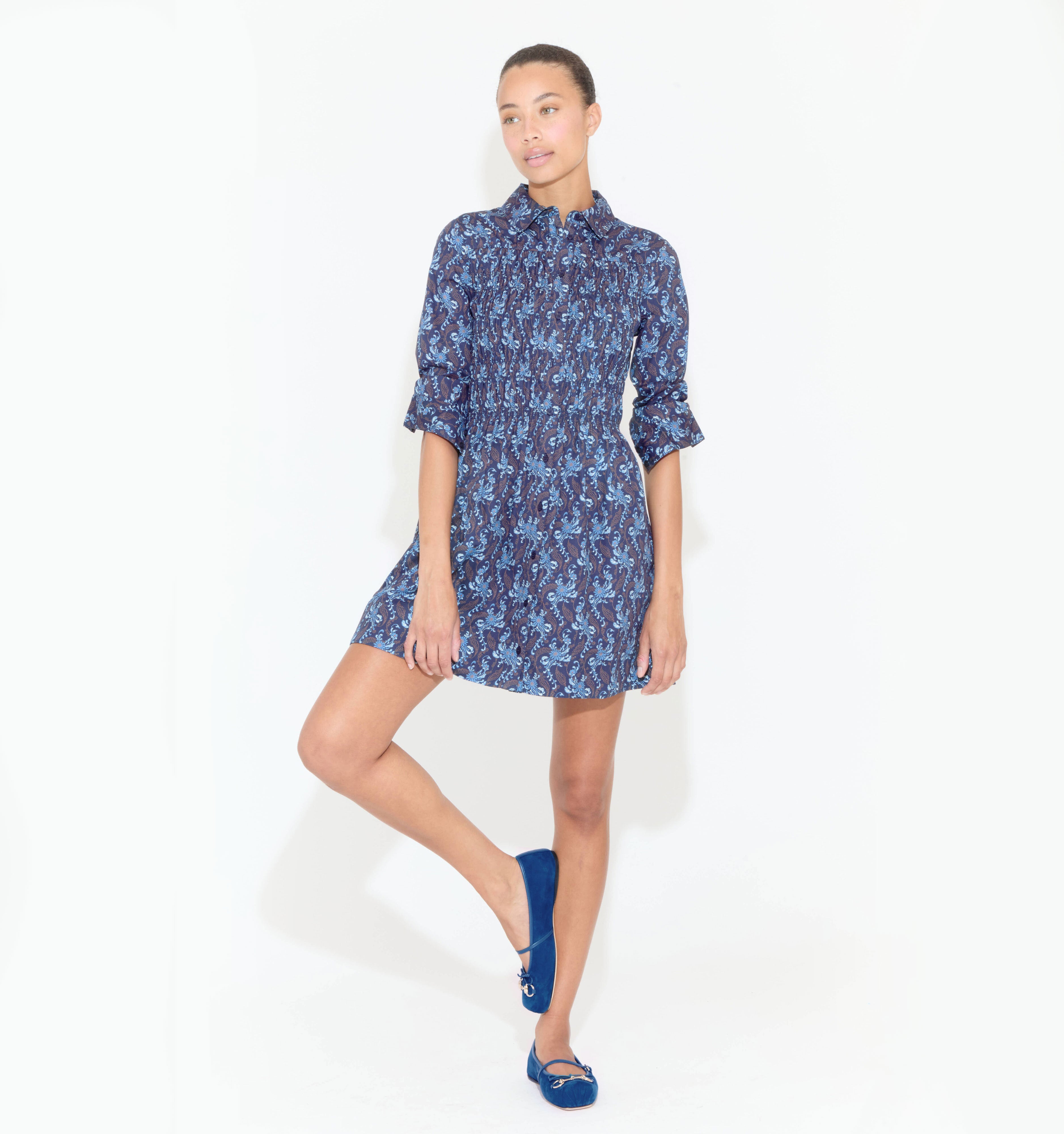 The Mira Dress in Navy Cala Paisley color: Navy Cala Paisley