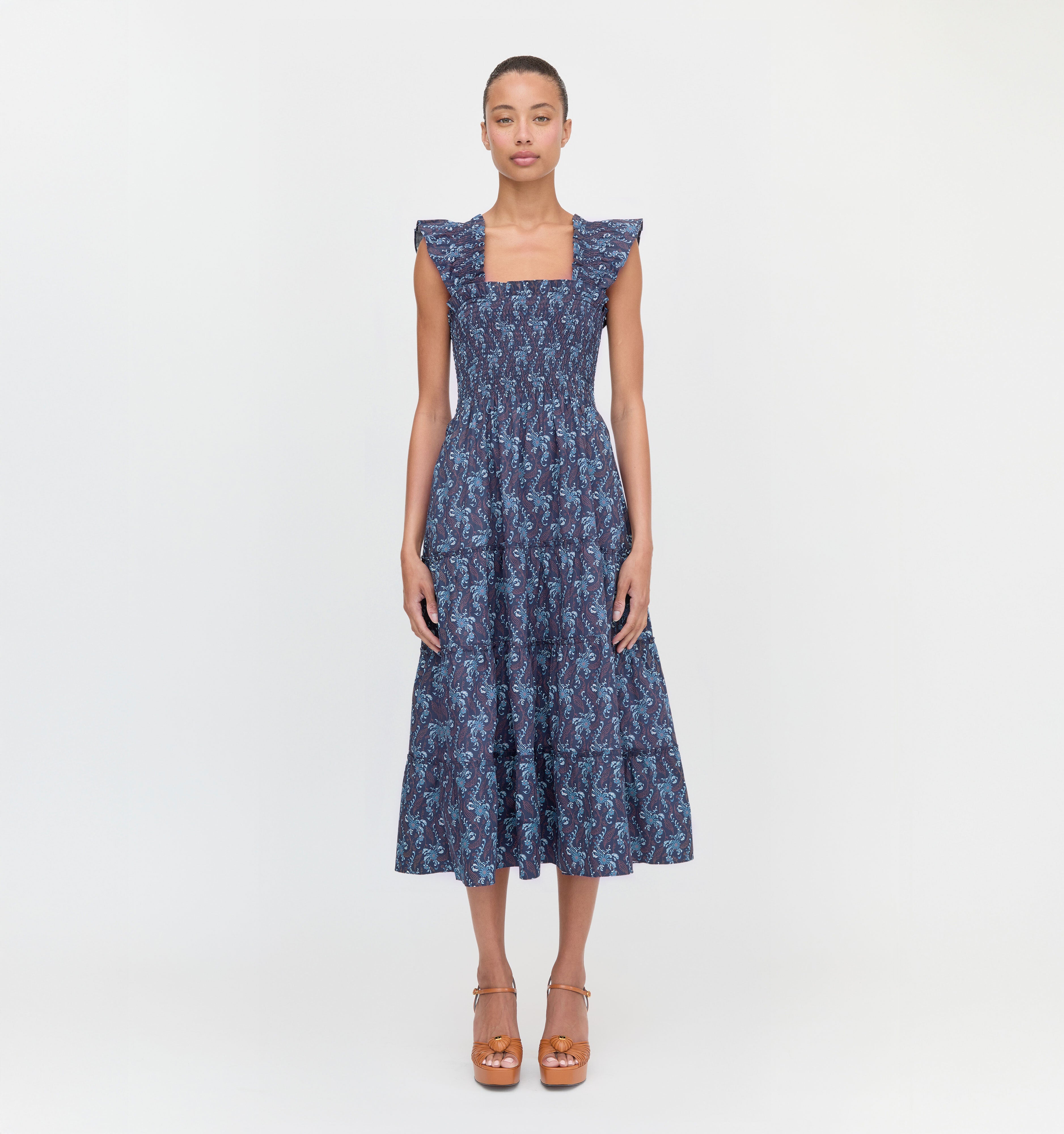 The Ellie Nap Dress in Navy Cala Paisley color: Navy Cala Paisley