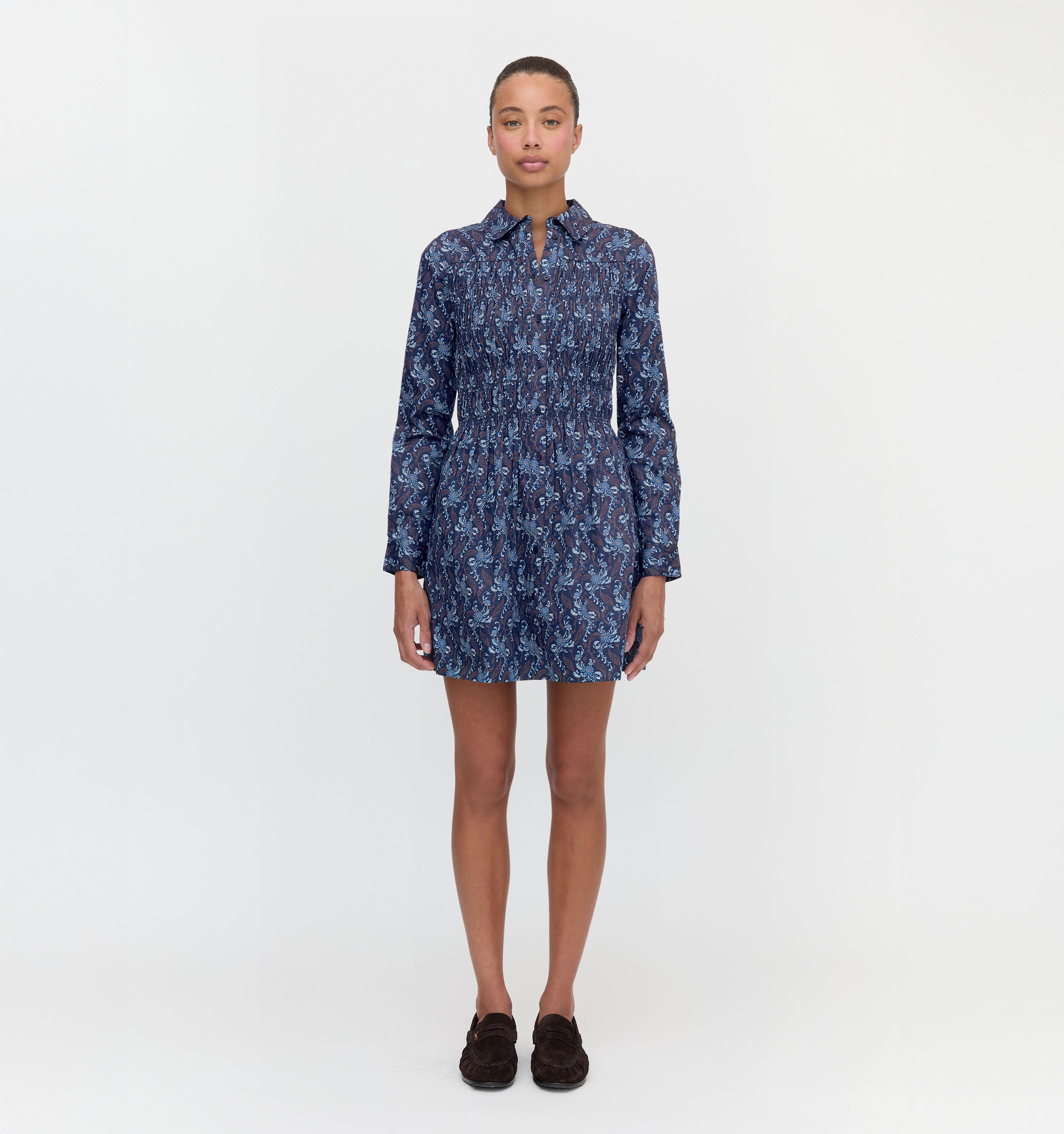The Mira Dress in Navy Cala Paisley color: Navy Cala Paisley