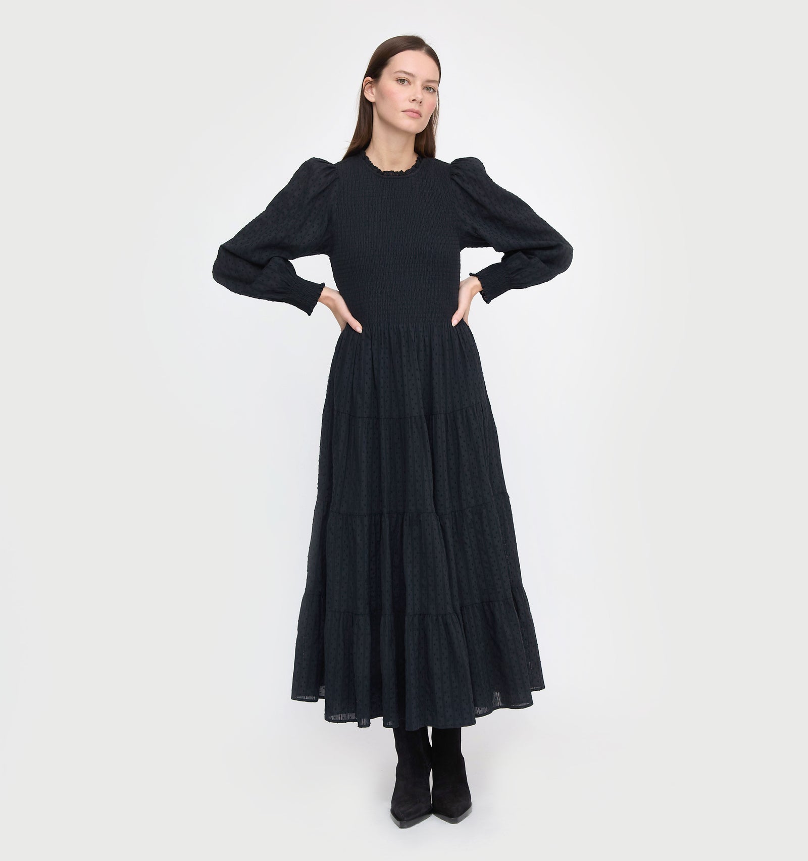The Viviana Nap Dress - Black Linear Swiss Dot