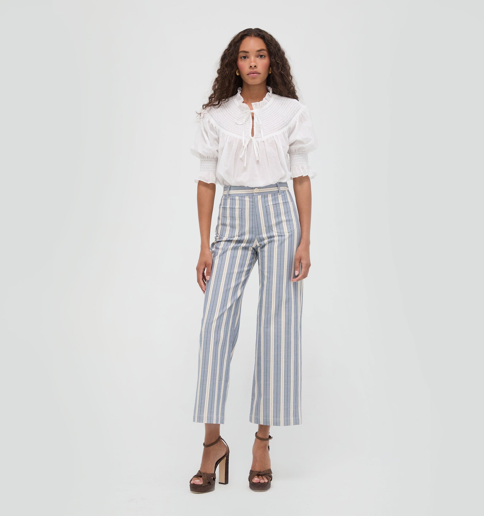 The Mindy Pant -  Coln Ticking Stripe Dusty Blue