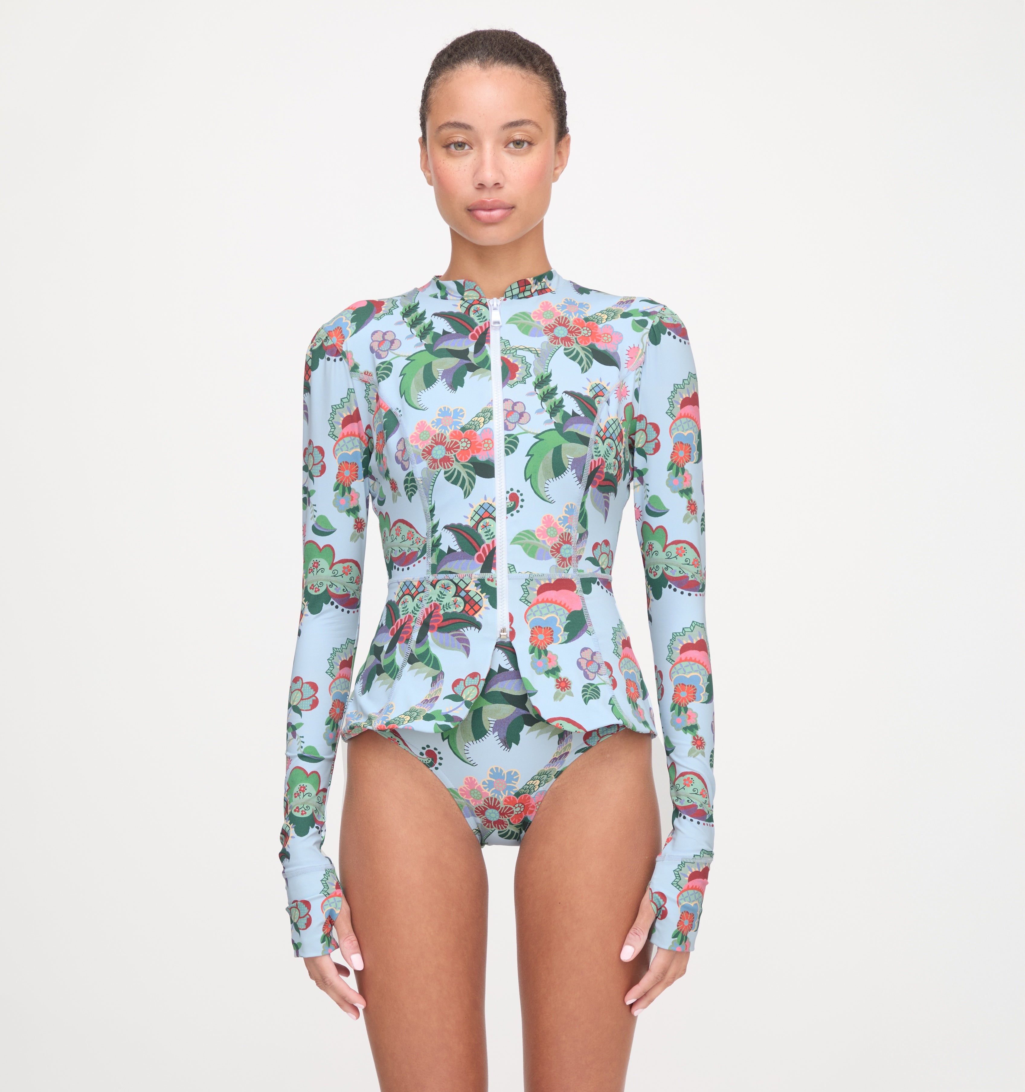 The Alexia Rashguard - Light Blue Jungle Floral